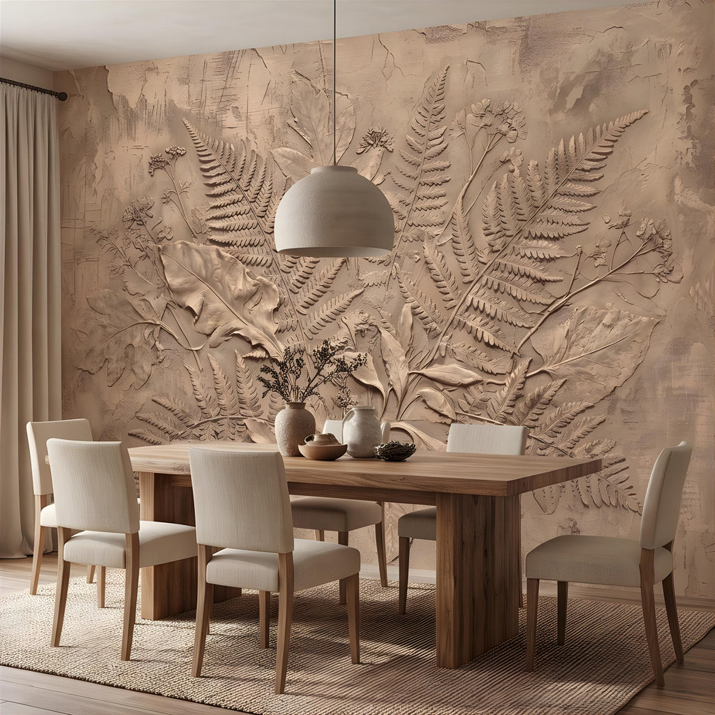 Neutral Botanical Peel and Stick Wall Mural, Botanical Relief, Textured Plaster Fern and Wildflower Wallpaper