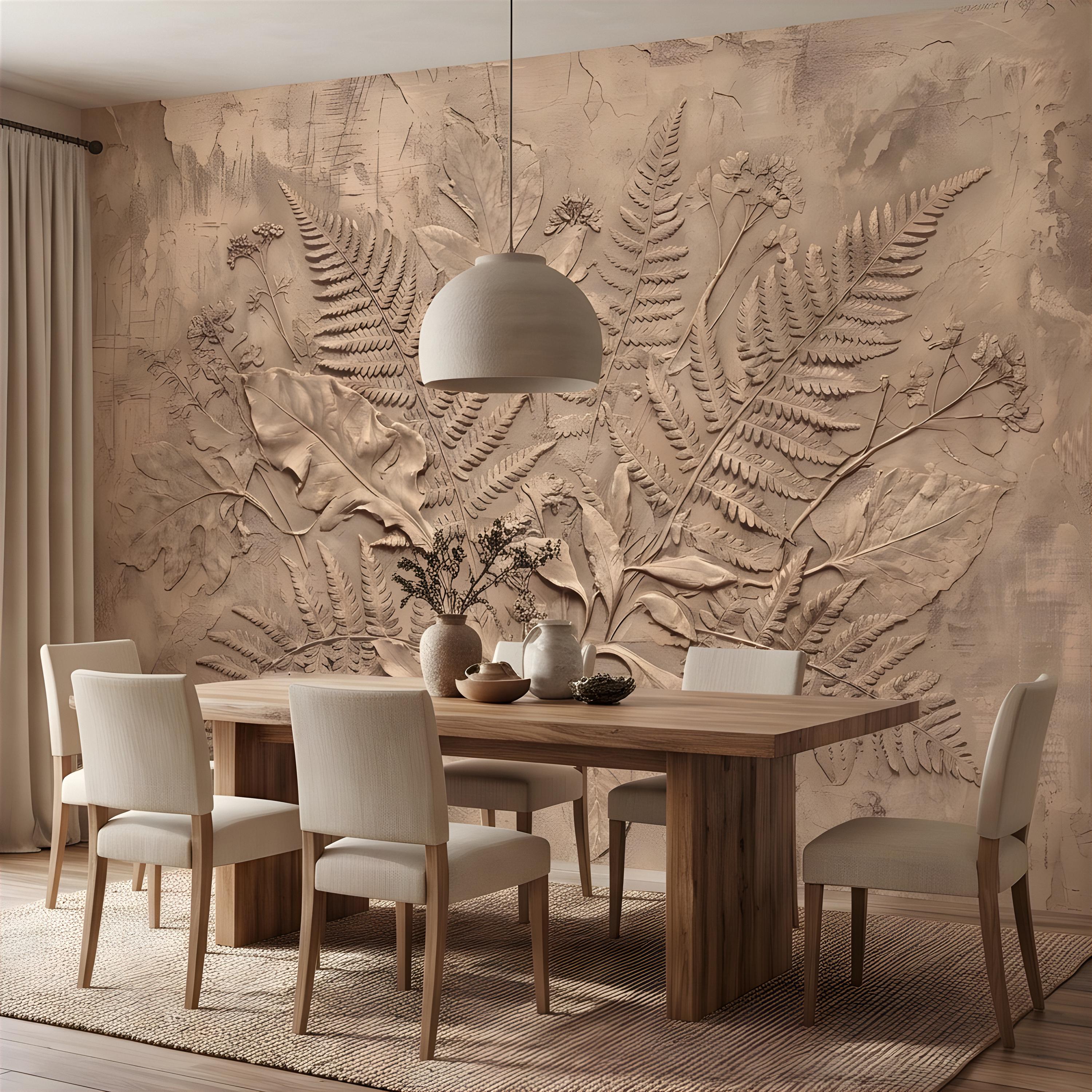 Neutral Botanical Peel and Stick Wall Mural, Botanical Relief, Textured Plaster Fern and Wildflower Wallpaper