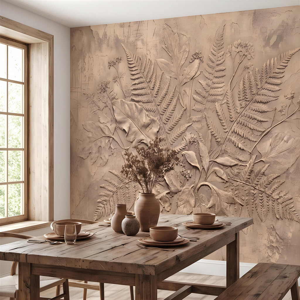 Neutral Botanical Peel and Stick Wall Mural, Botanical Relief, Textured Plaster Fern and Wildflower Wallpaper