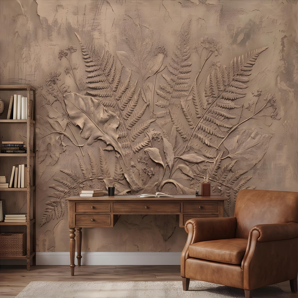 Neutral Botanical Peel and Stick Wall Mural, Botanical Relief, Textured Plaster Fern and Wildflower Wallpaper