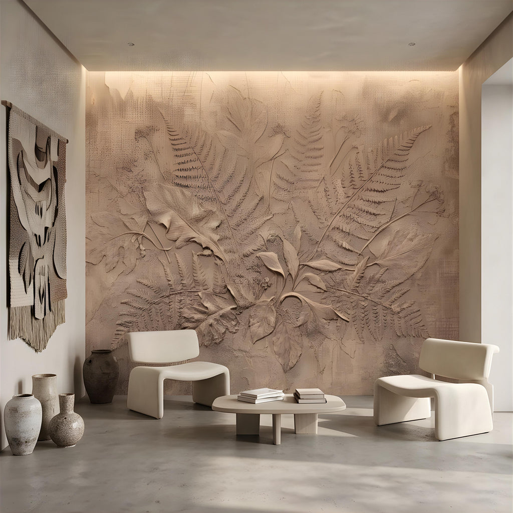 Neutral Botanical Peel and Stick Wall Mural, Botanical Relief, Textured Plaster Fern and Wildflower Wallpaper
