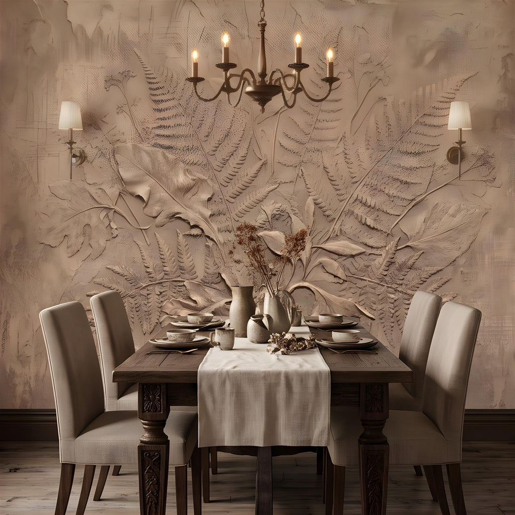 Neutral Botanical Peel and Stick Wall Mural, Botanical Relief, Textured Plaster Fern and Wildflower Wallpaper