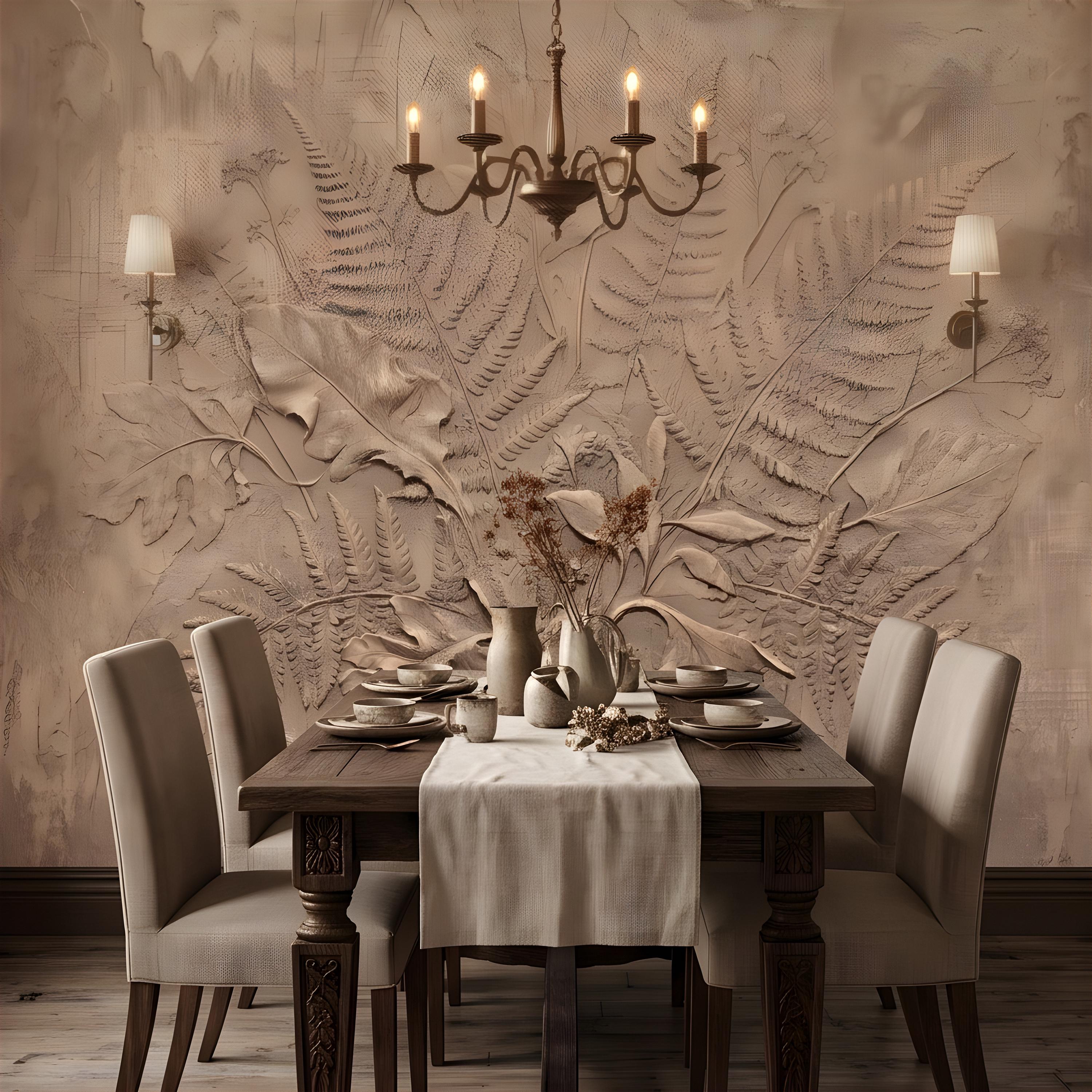 Neutral Botanical Peel and Stick Wall Mural, Botanical Relief, Textured Plaster Fern and Wildflower Wallpaper