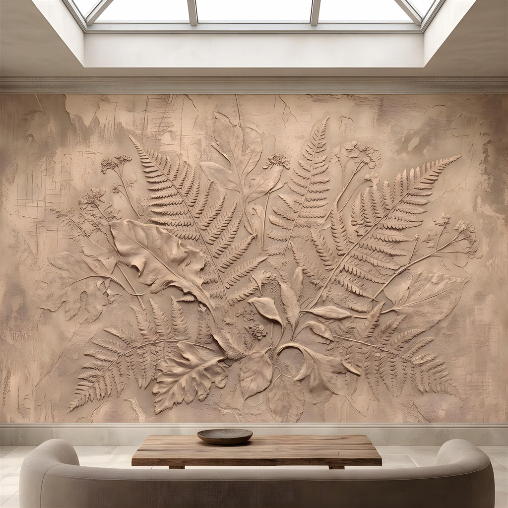 Neutral Botanical Peel and Stick Wall Mural, Botanical Relief, Textured Plaster Fern and Wildflower Wallpaper