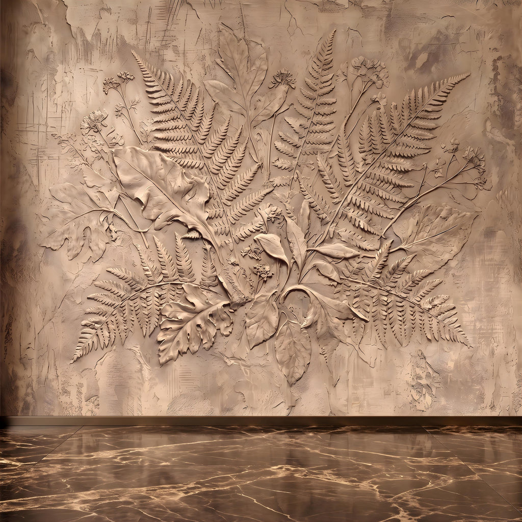 Neutral Botanical Peel and Stick Wall Mural, Botanical Relief, Textured Plaster Fern and Wildflower Wallpaper