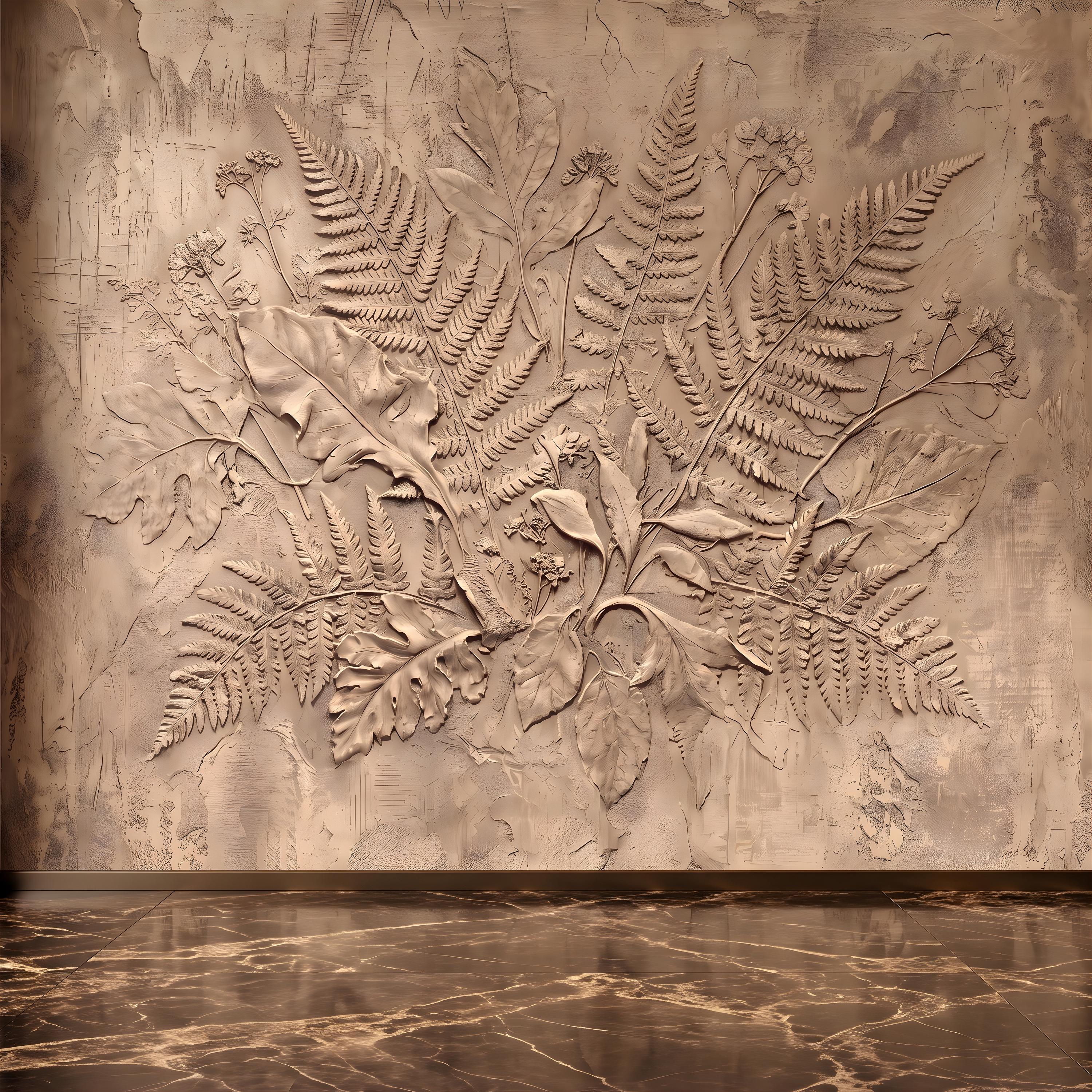 Neutral Botanical Peel and Stick Wall Mural, Botanical Relief, Textured Plaster Fern and Wildflower Wallpaper