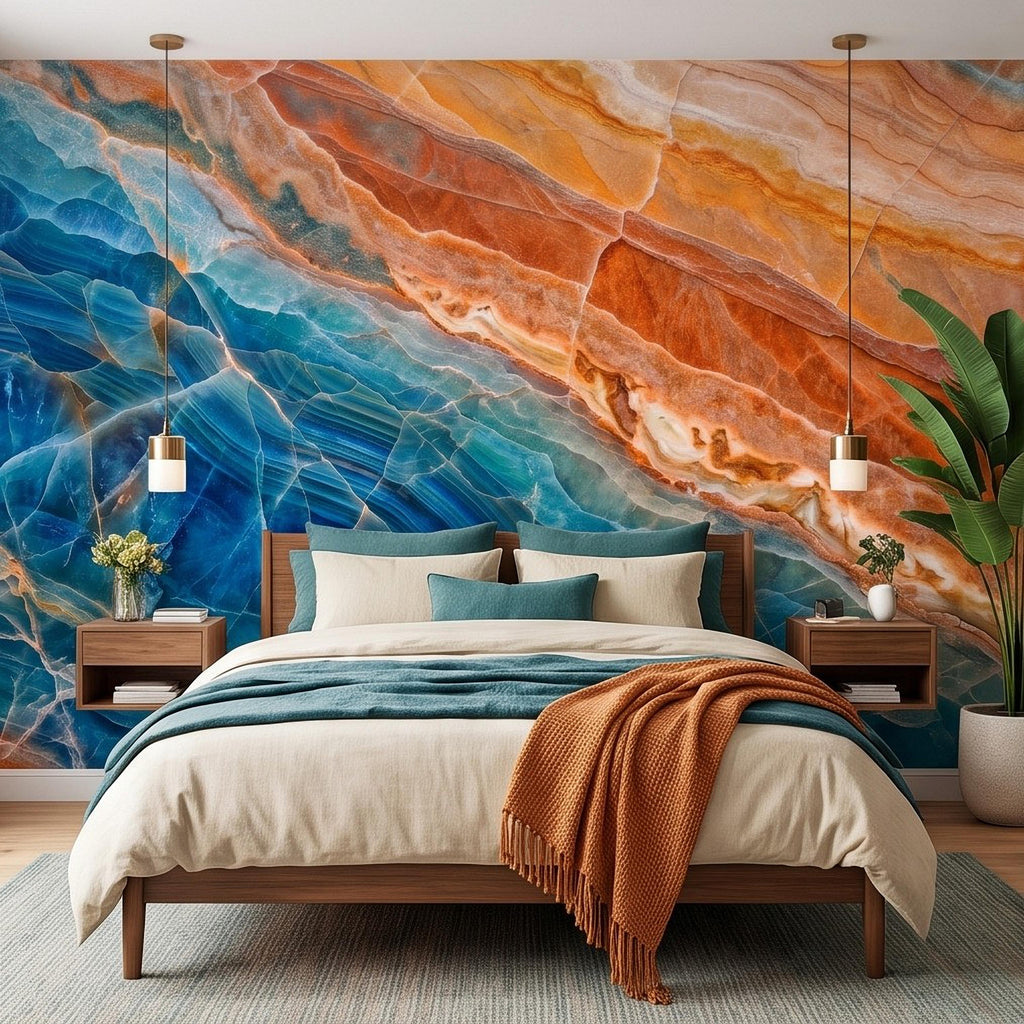 Blue Onyx Peel and Stick Wall Mural, Orange Agate Stone Texture, Luxury Natural Mineral, Abstract Marble Wallpaper