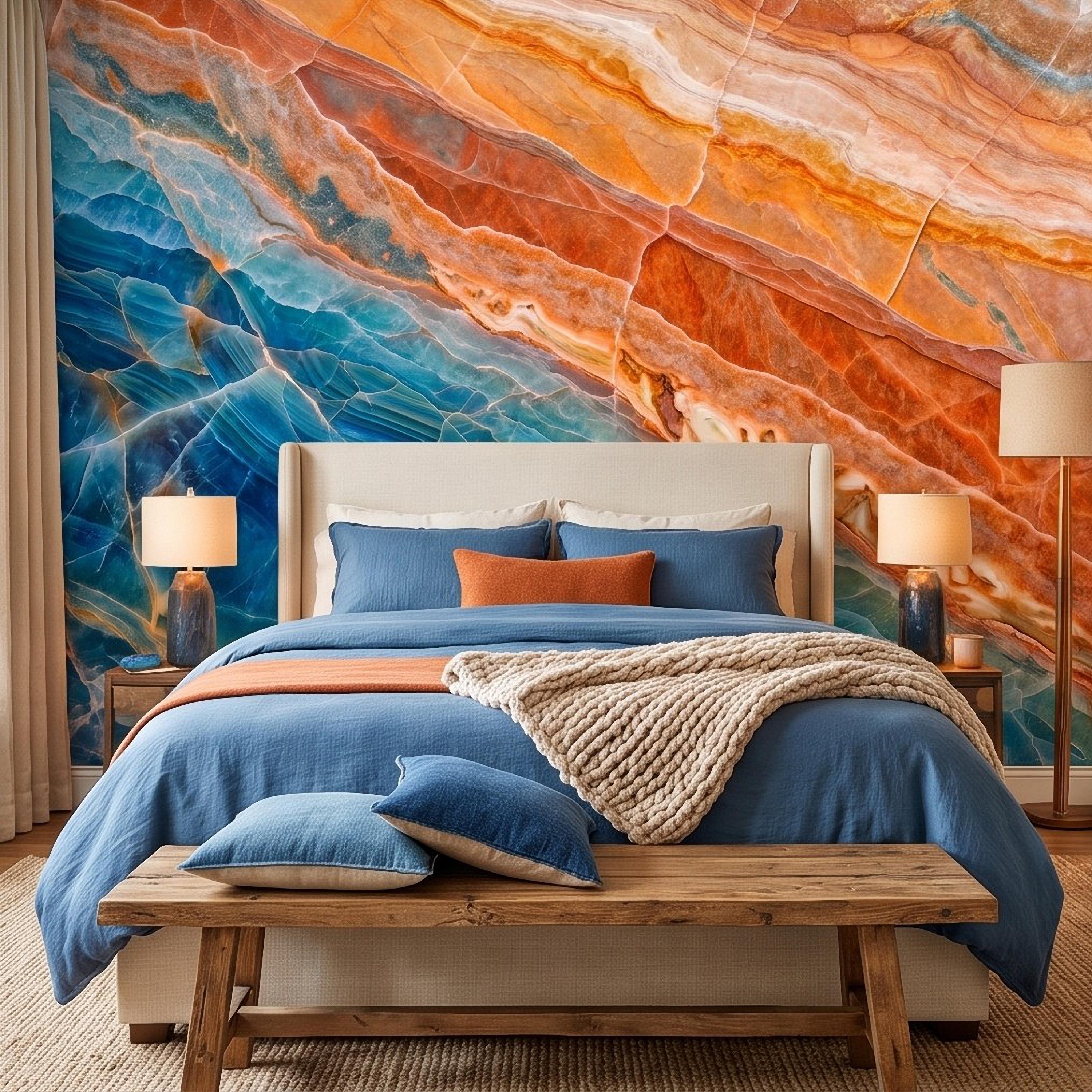 Blue Onyx Peel and Stick Wall Mural, Orange Agate Stone Texture, Luxury Natural Mineral, Abstract Marble Wallpaper