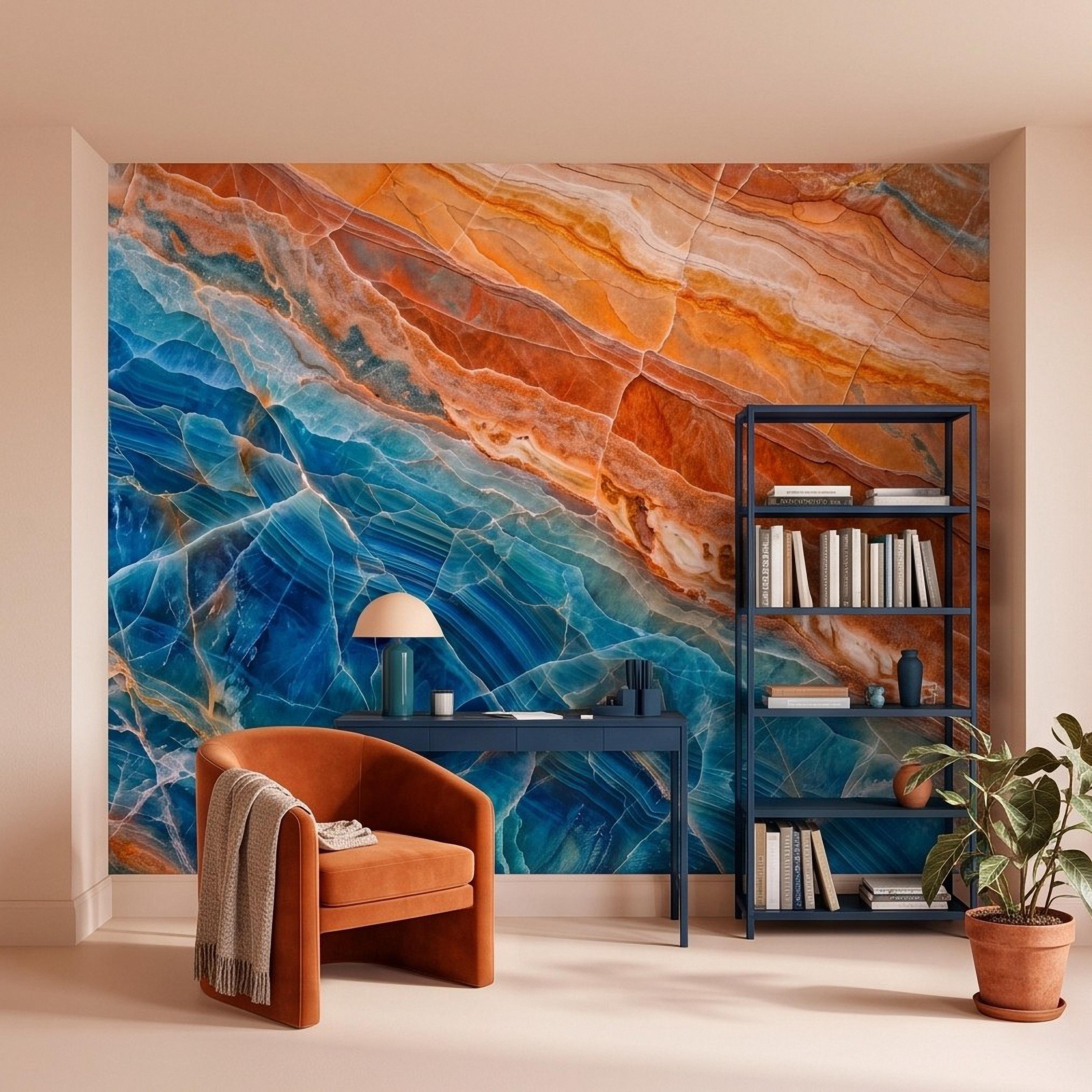 Blue Onyx Peel and Stick Wall Mural, Orange Agate Stone Texture, Luxury Natural Mineral, Abstract Marble Wallpaper