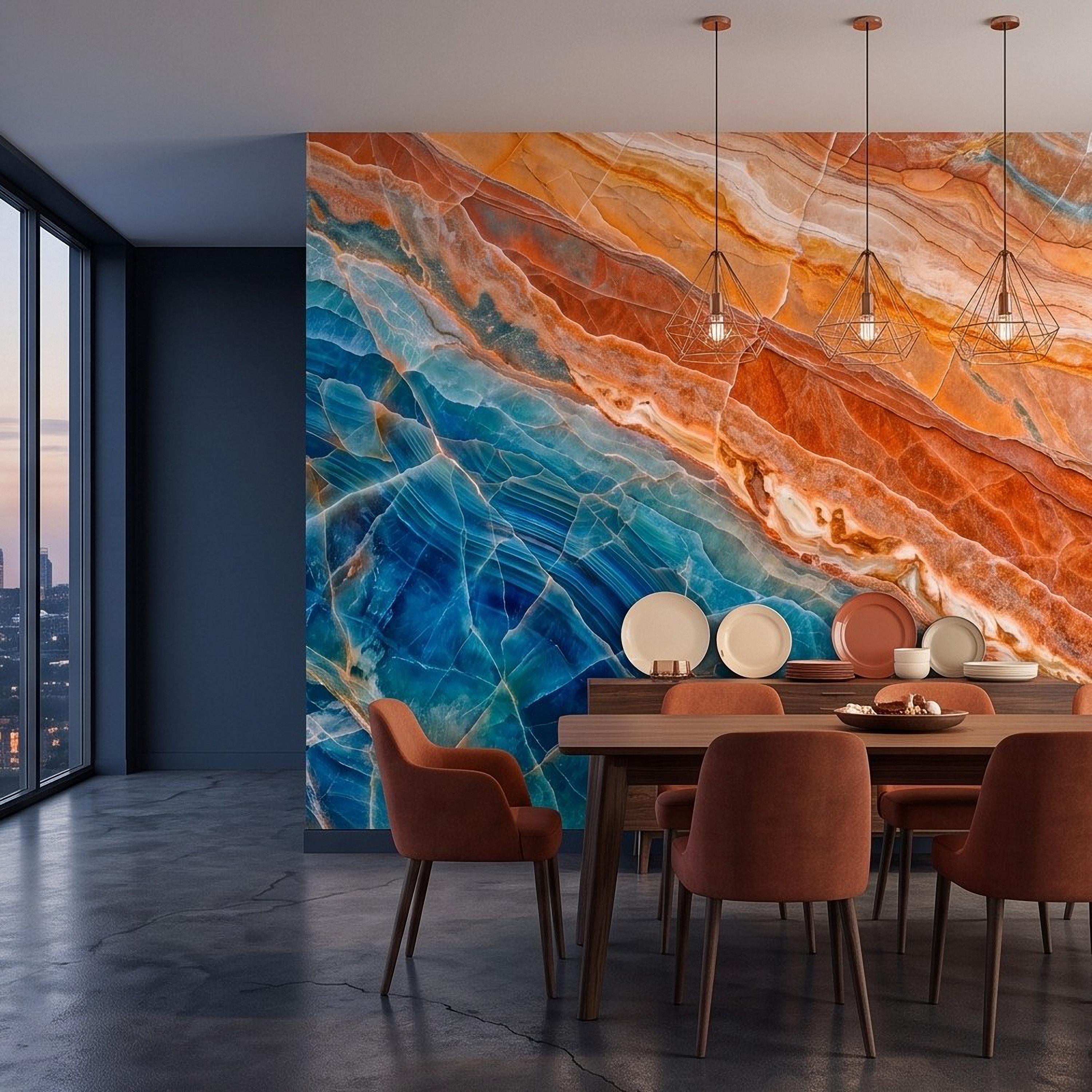Blue Onyx Peel and Stick Wall Mural, Orange Agate Stone Texture, Luxury Natural Mineral, Abstract Marble Wallpaper