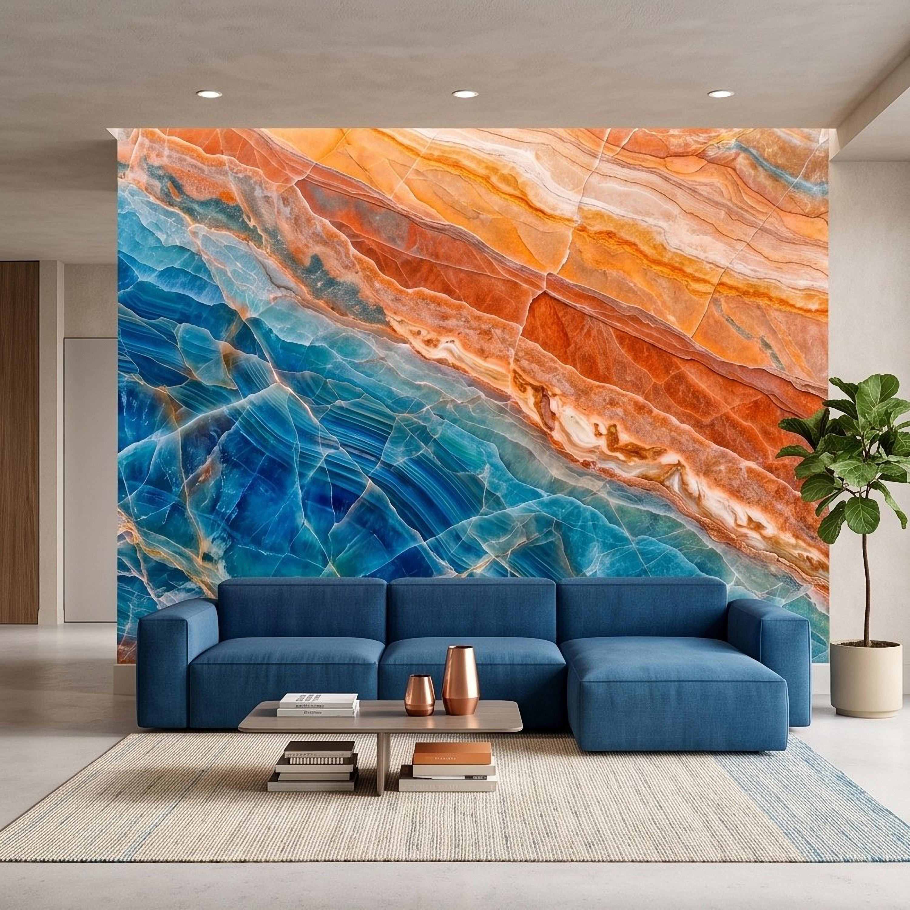 Blue Onyx Peel and Stick Wall Mural, Orange Agate Stone Texture, Luxury Natural Mineral, Abstract Marble Wallpaper