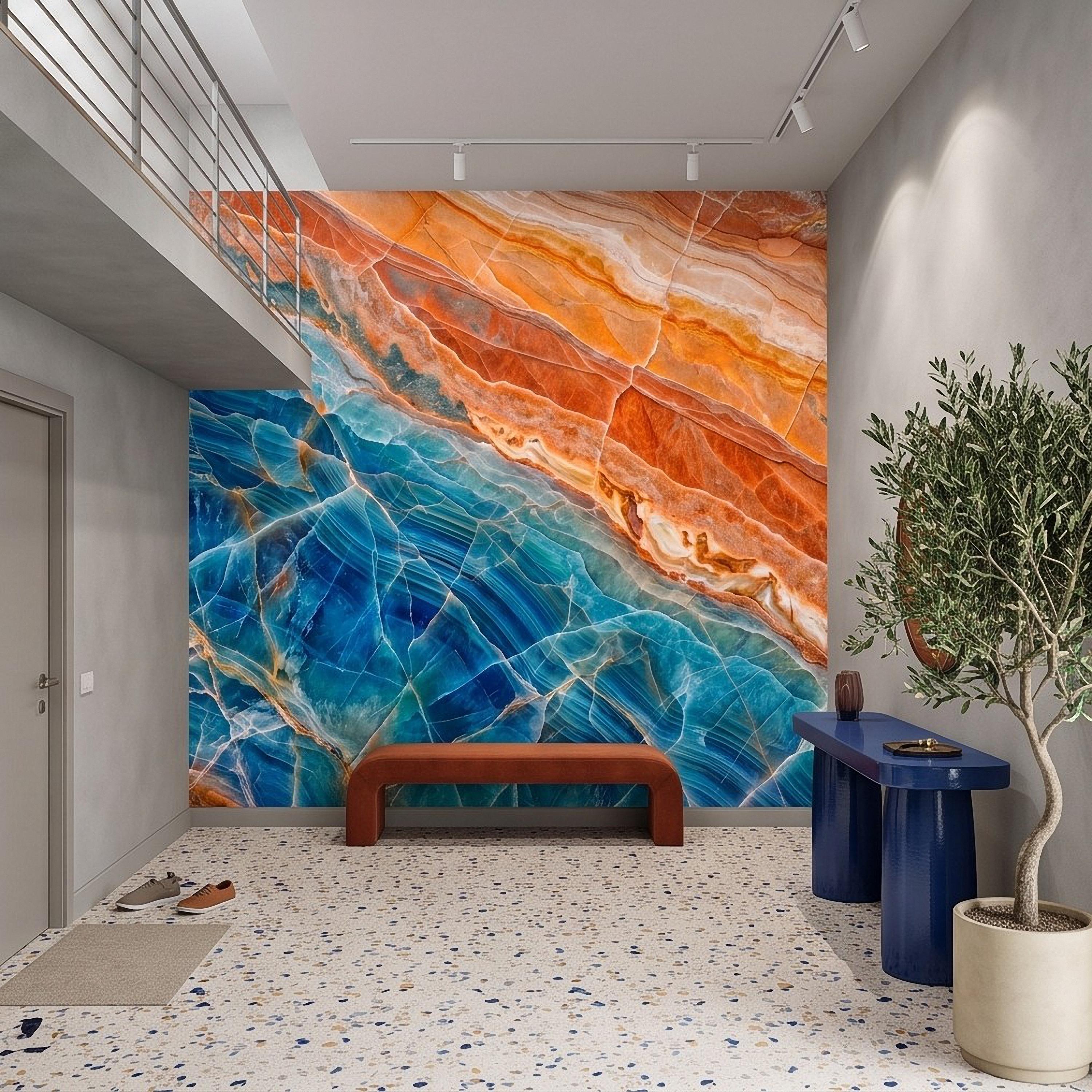 Blue Onyx Peel and Stick Wall Mural, Orange Agate Stone Texture, Luxury Natural Mineral, Abstract Marble Wallpaper