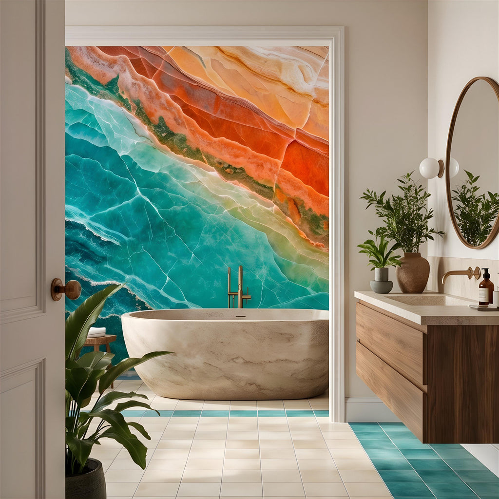 Green Onyx Peel and Stick Wall Mural, Orange Agate Stone Texture, Luxury Natural Mineral Pattern, Abstract Marble Wallpaper
