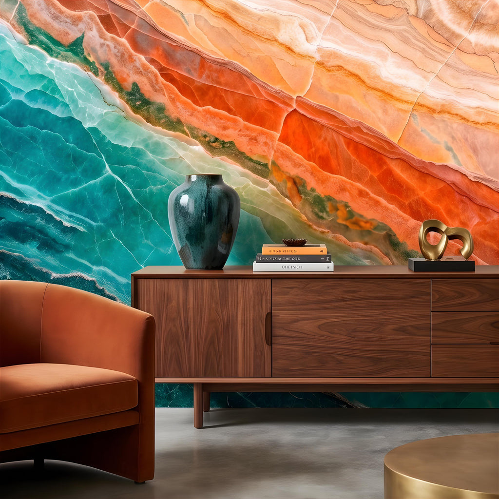 Green Onyx Peel and Stick Wall Mural, Orange Agate Stone Texture, Luxury Natural Mineral Pattern, Abstract Marble Wallpaper