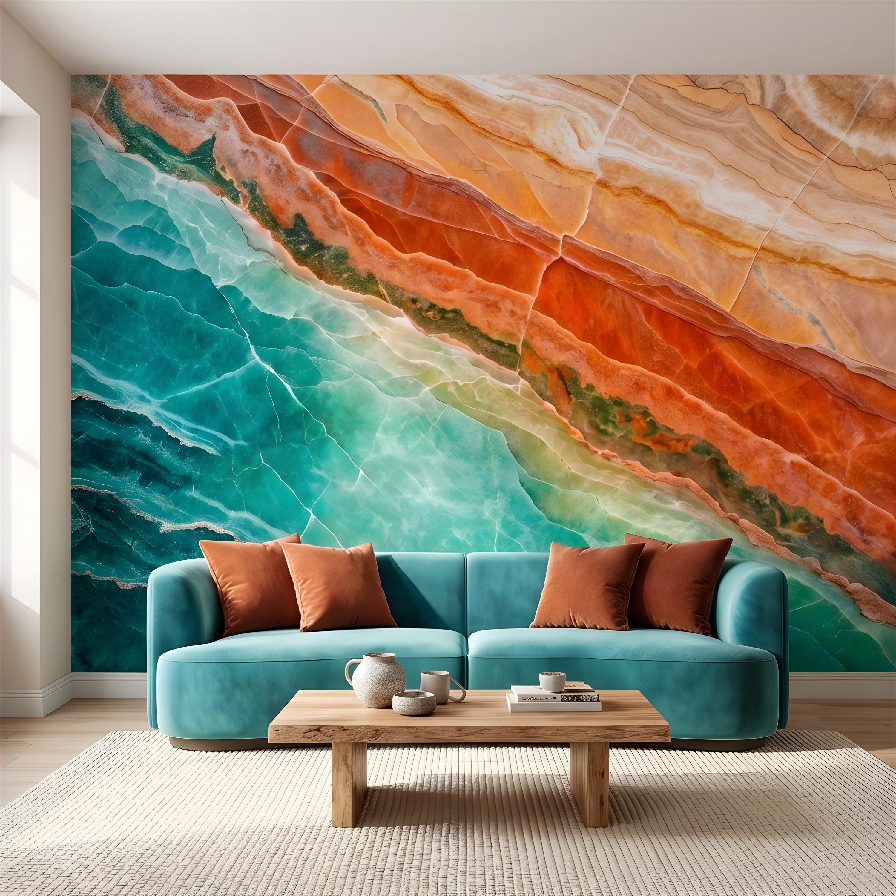 Green Onyx Peel and Stick Wall Mural, Orange Agate Stone Texture, Luxury Natural Mineral Pattern, Abstract Marble Wallpaper