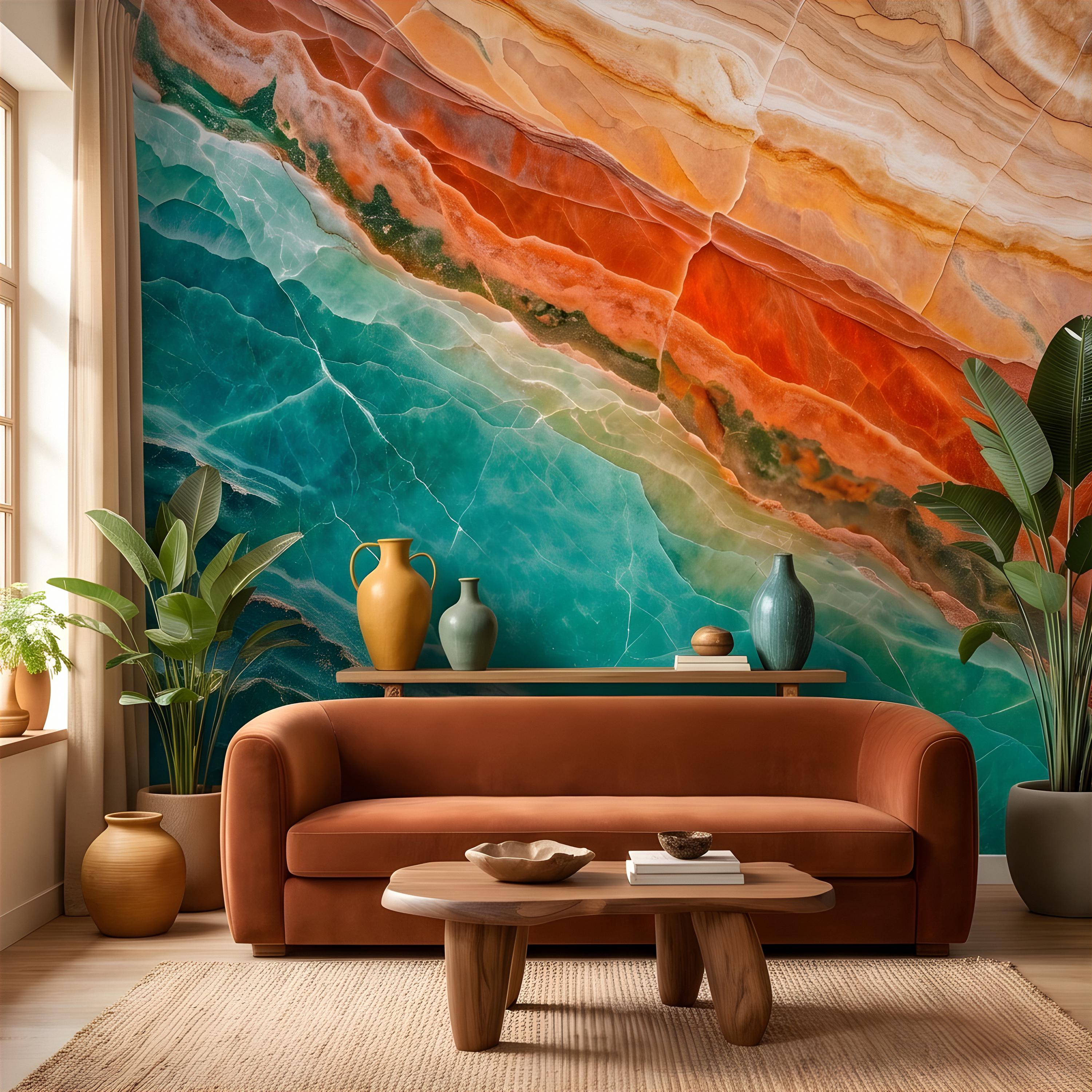 Green Onyx Peel and Stick Wall Mural, Orange Agate Stone Texture, Luxury Natural Mineral Pattern, Abstract Marble Wallpaper
