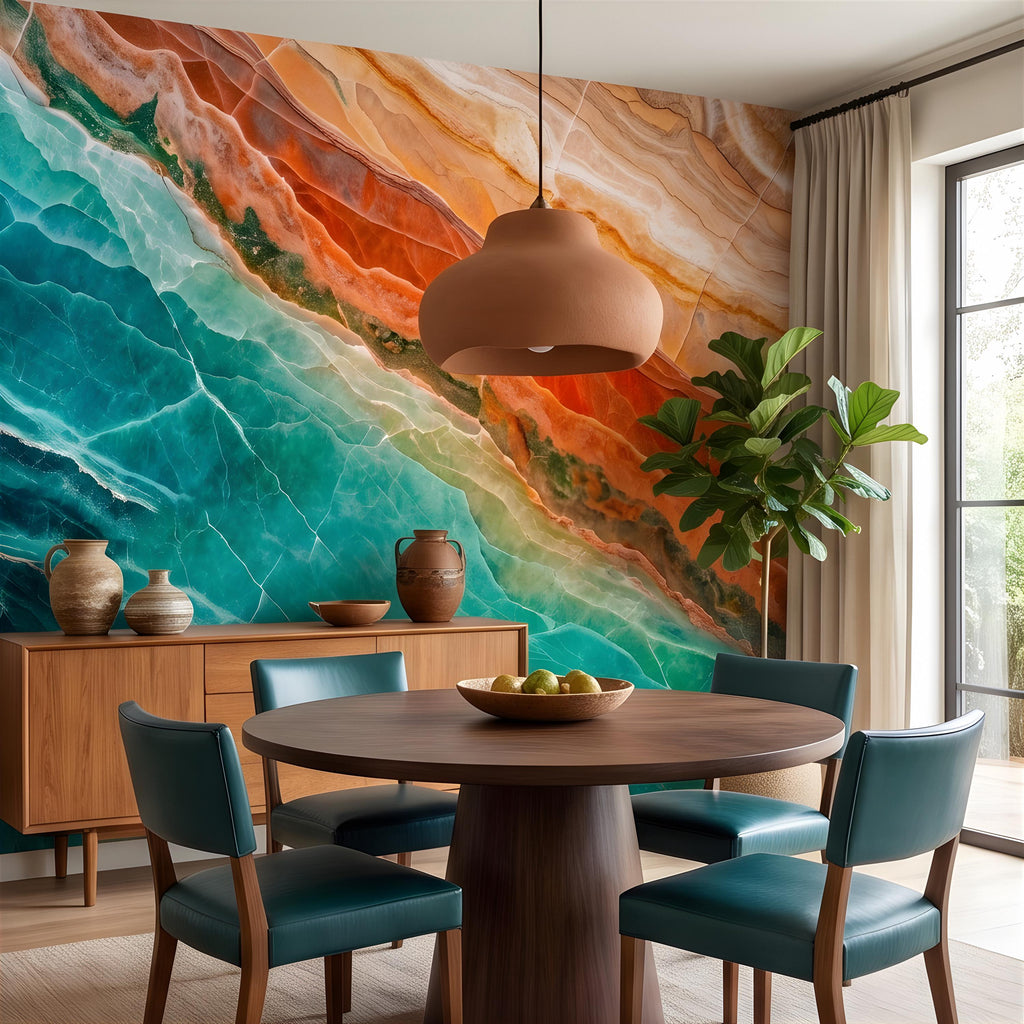 Green Onyx Peel and Stick Wall Mural, Orange Agate Stone Texture, Luxury Natural Mineral Pattern, Abstract Marble Wallpaper