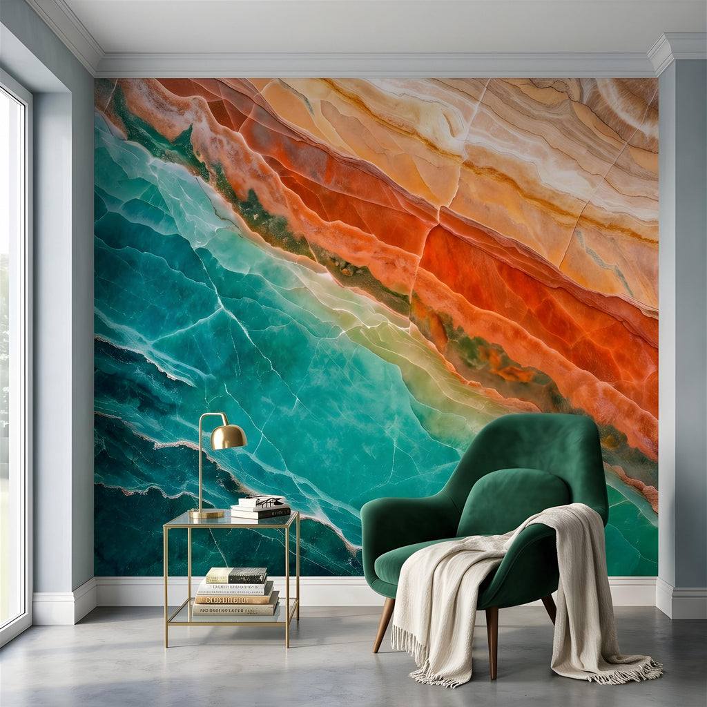 Green Onyx Peel and Stick Wall Mural, Orange Agate Stone Texture, Luxury Natural Mineral Pattern, Abstract Marble Wallpaper