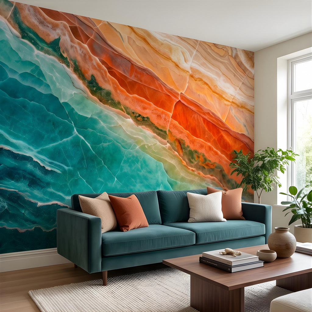 Green Onyx Peel and Stick Wall Mural, Orange Agate Stone Texture, Luxury Natural Mineral Pattern, Abstract Marble Wallpaper