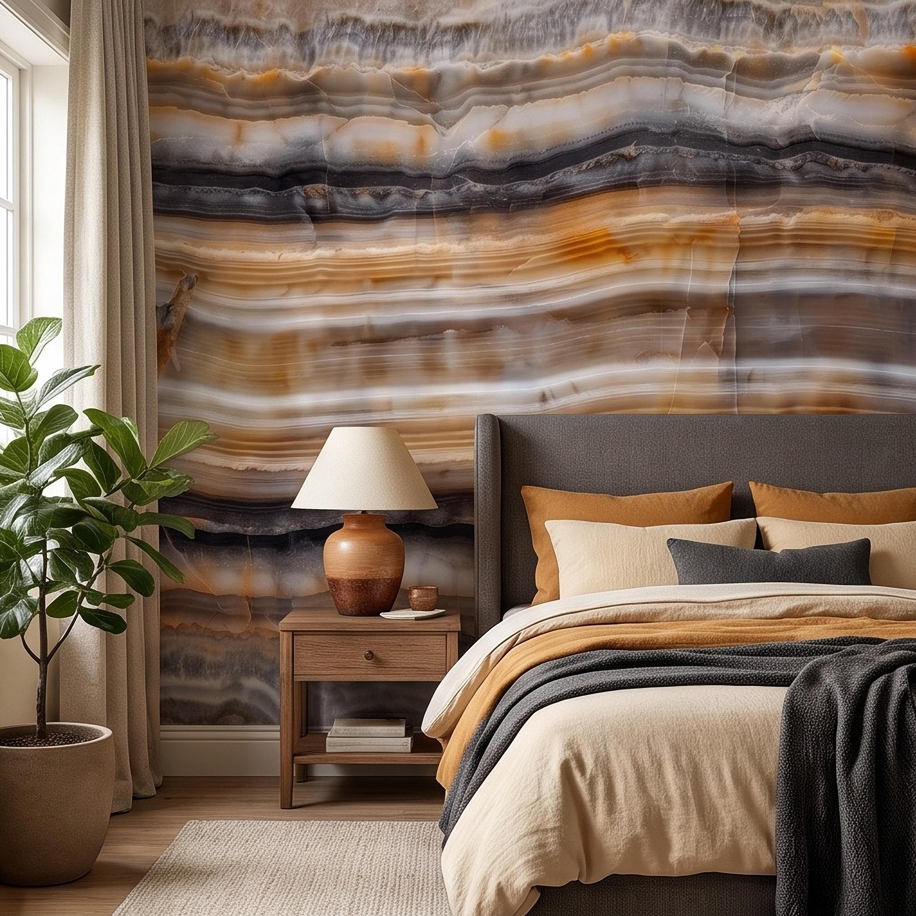 Amber Onyx Peel and Stick Wall Mural, Banded Agate Stone Texture, Luxury Natural Mineral Pattern Abstract Wallpaper