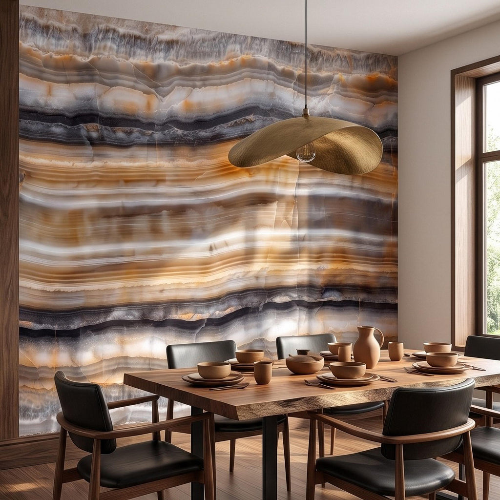 Amber Onyx Peel and Stick Wall Mural, Banded Agate Stone Texture, Luxury Natural Mineral Pattern Abstract Wallpaper