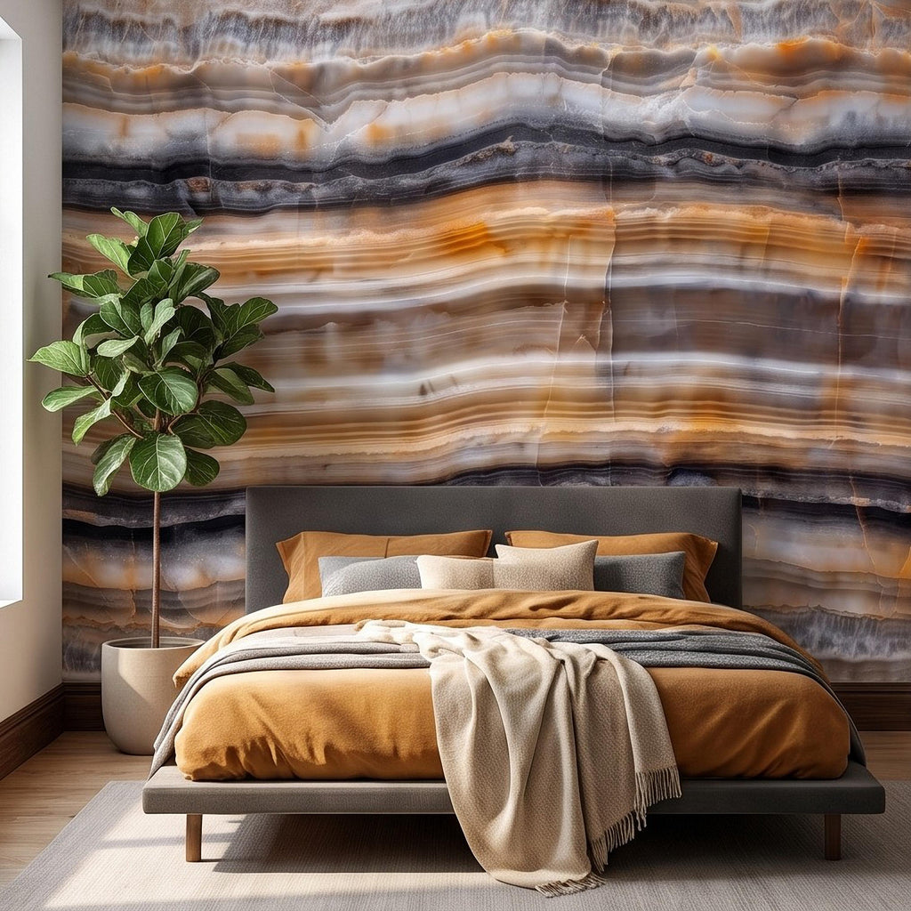 Amber Onyx Peel and Stick Wall Mural, Banded Agate Stone Texture, Luxury Natural Mineral Pattern Abstract Wallpaper
