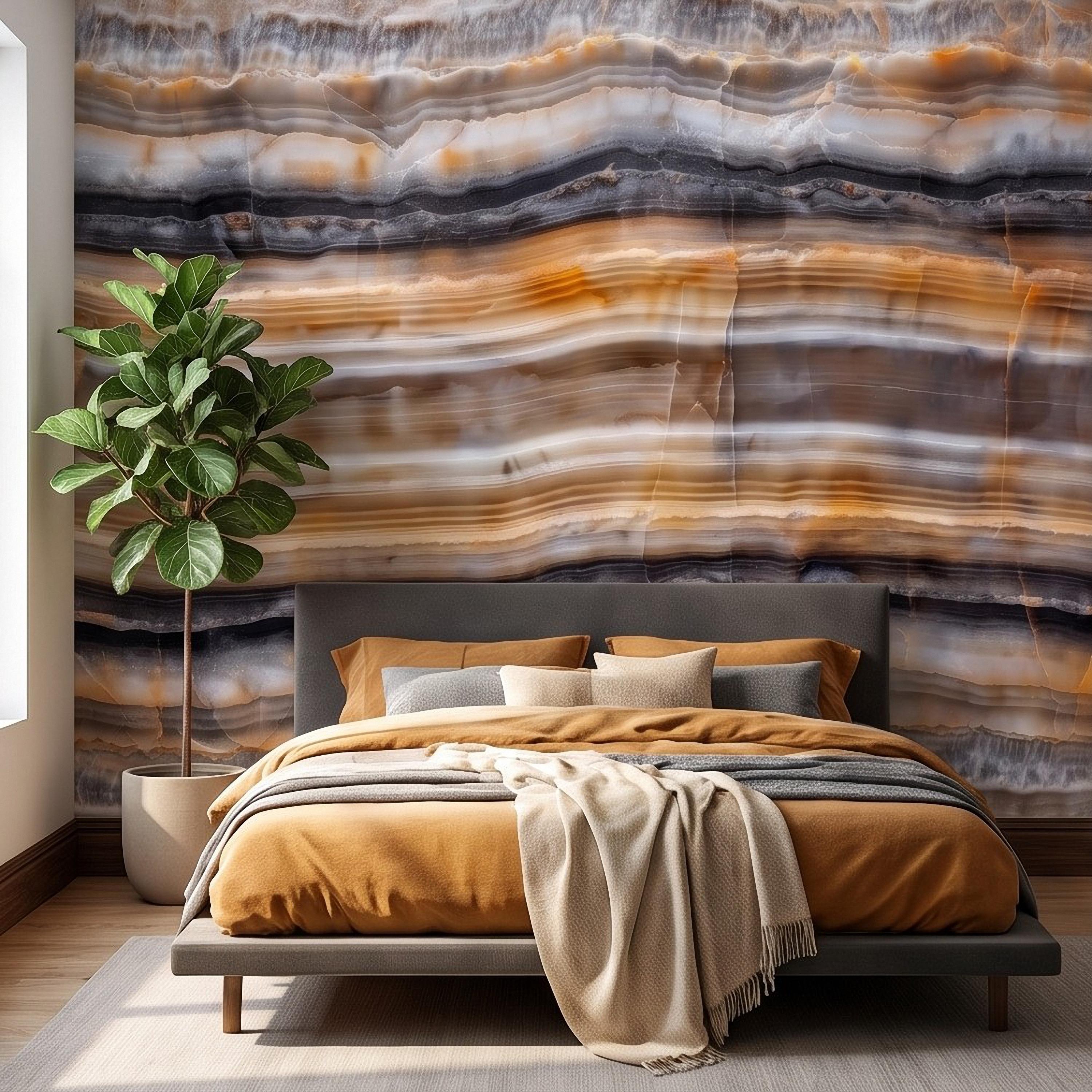 Amber Onyx Peel and Stick Wall Mural, Banded Agate Stone Texture, Luxury Natural Mineral Pattern Abstract Wallpaper