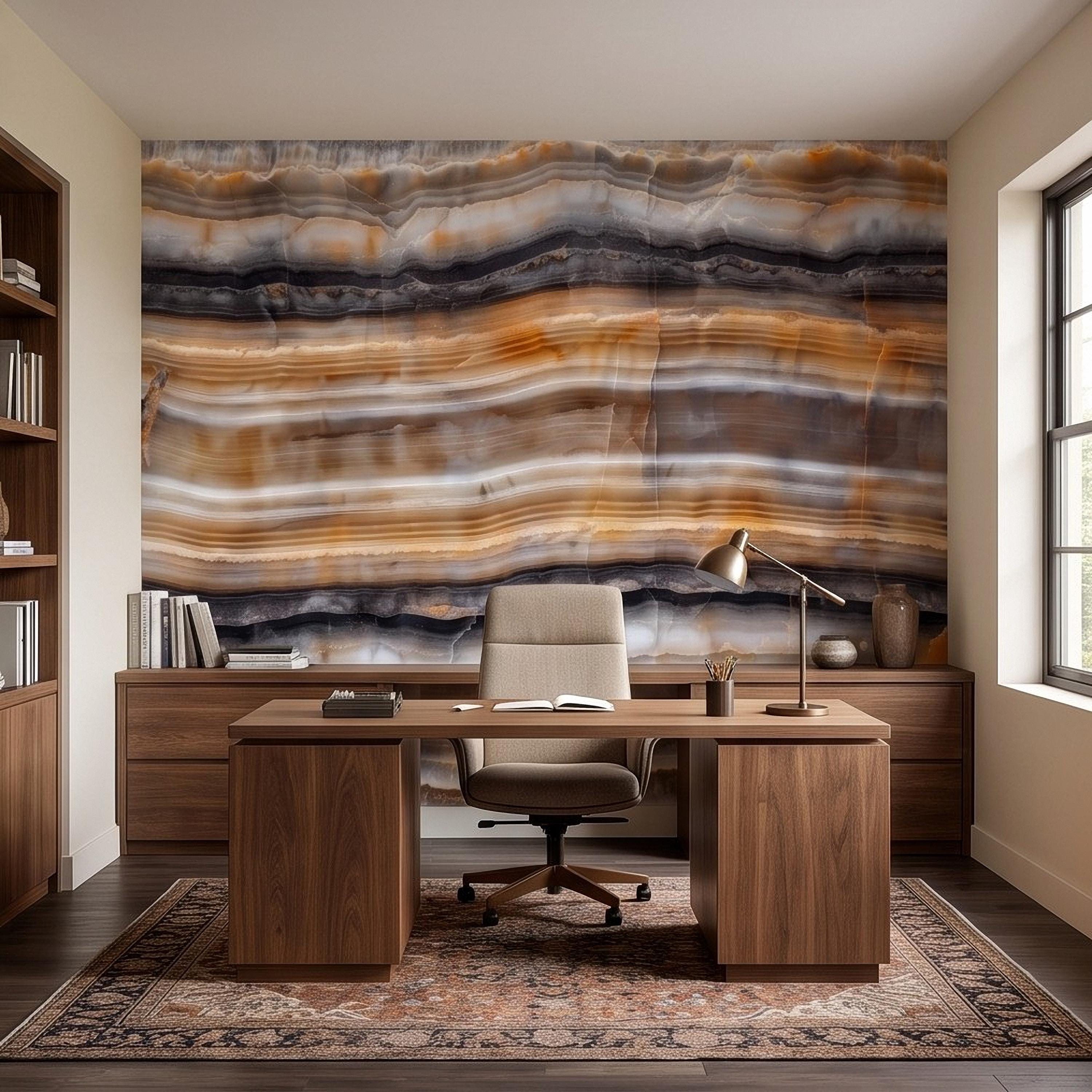 Amber Onyx Peel and Stick Wall Mural, Banded Agate Stone Texture, Luxury Natural Mineral Pattern Abstract Wallpaper