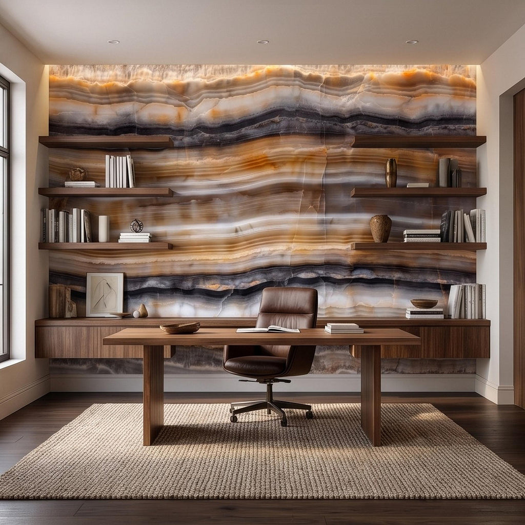 Amber Onyx Peel and Stick Wall Mural, Banded Agate Stone Texture, Luxury Natural Mineral Pattern Abstract Wallpaper