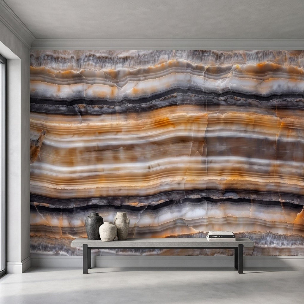 Amber Onyx Peel and Stick Wall Mural, Banded Agate Stone Texture, Luxury Natural Mineral Pattern Abstract Wallpaper