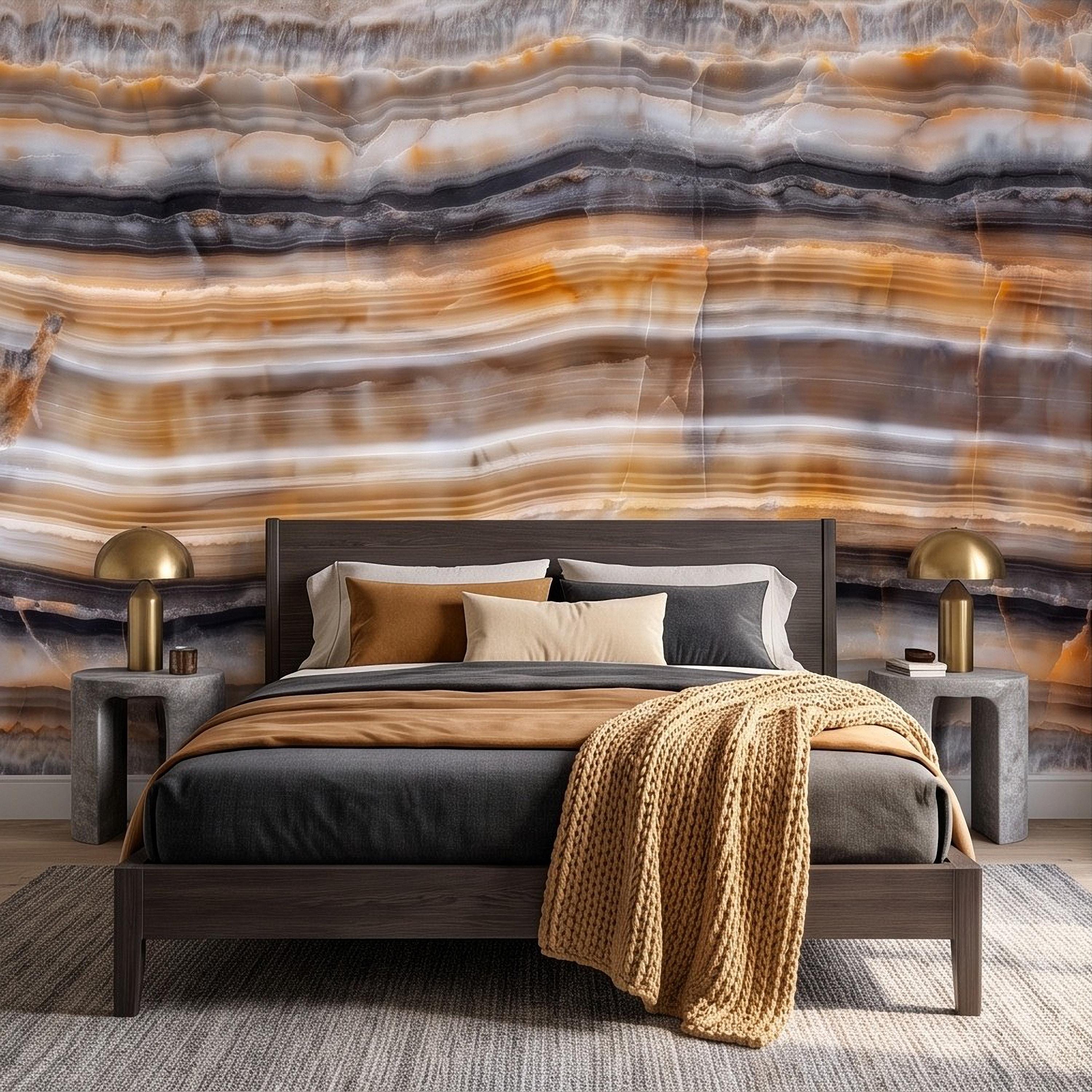 Amber Onyx Peel and Stick Wall Mural, Banded Agate Stone Texture, Luxury Natural Mineral Pattern Abstract Wallpaper