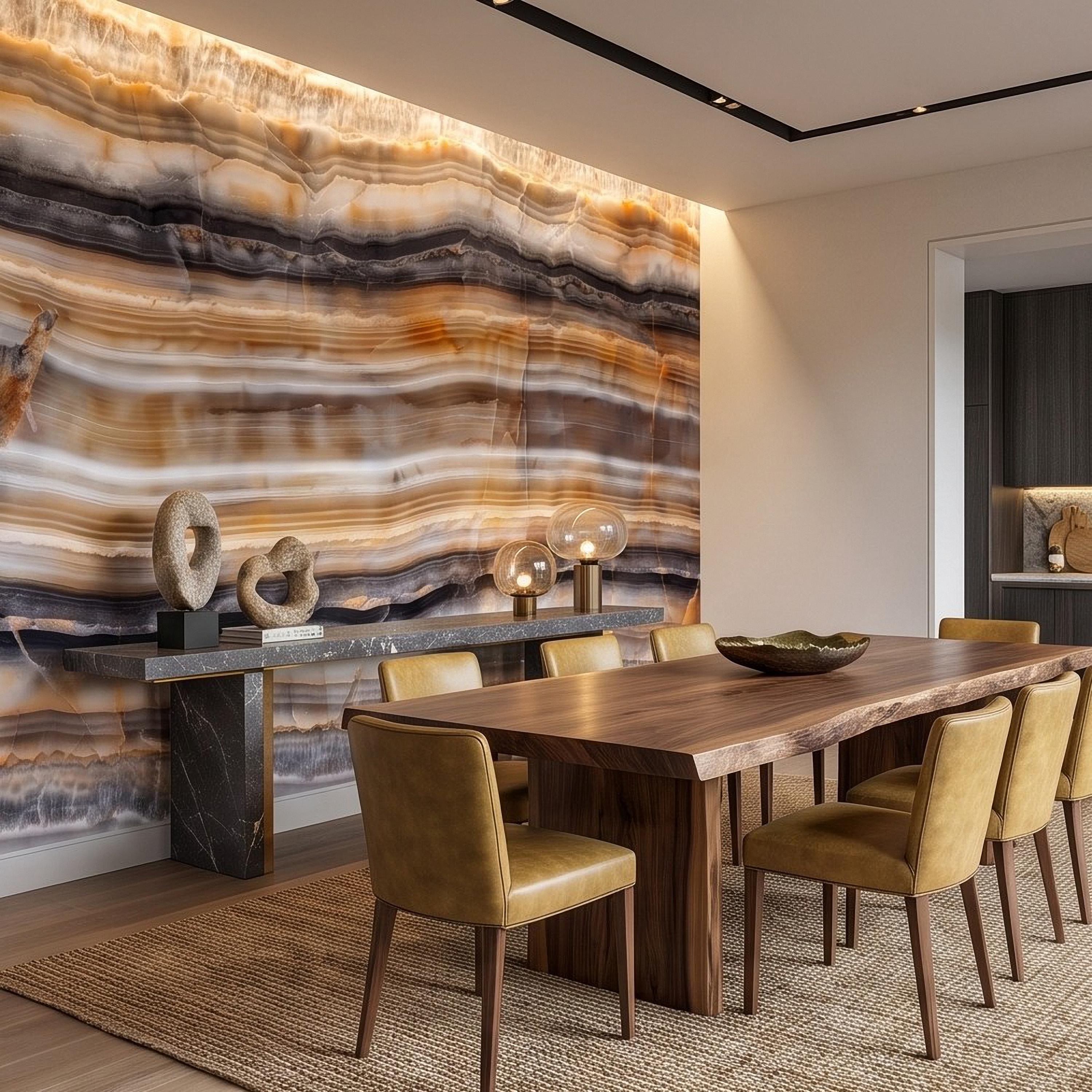 Amber Onyx Peel and Stick Wall Mural, Banded Agate Stone Texture, Luxury Natural Mineral Pattern Abstract Wallpaper