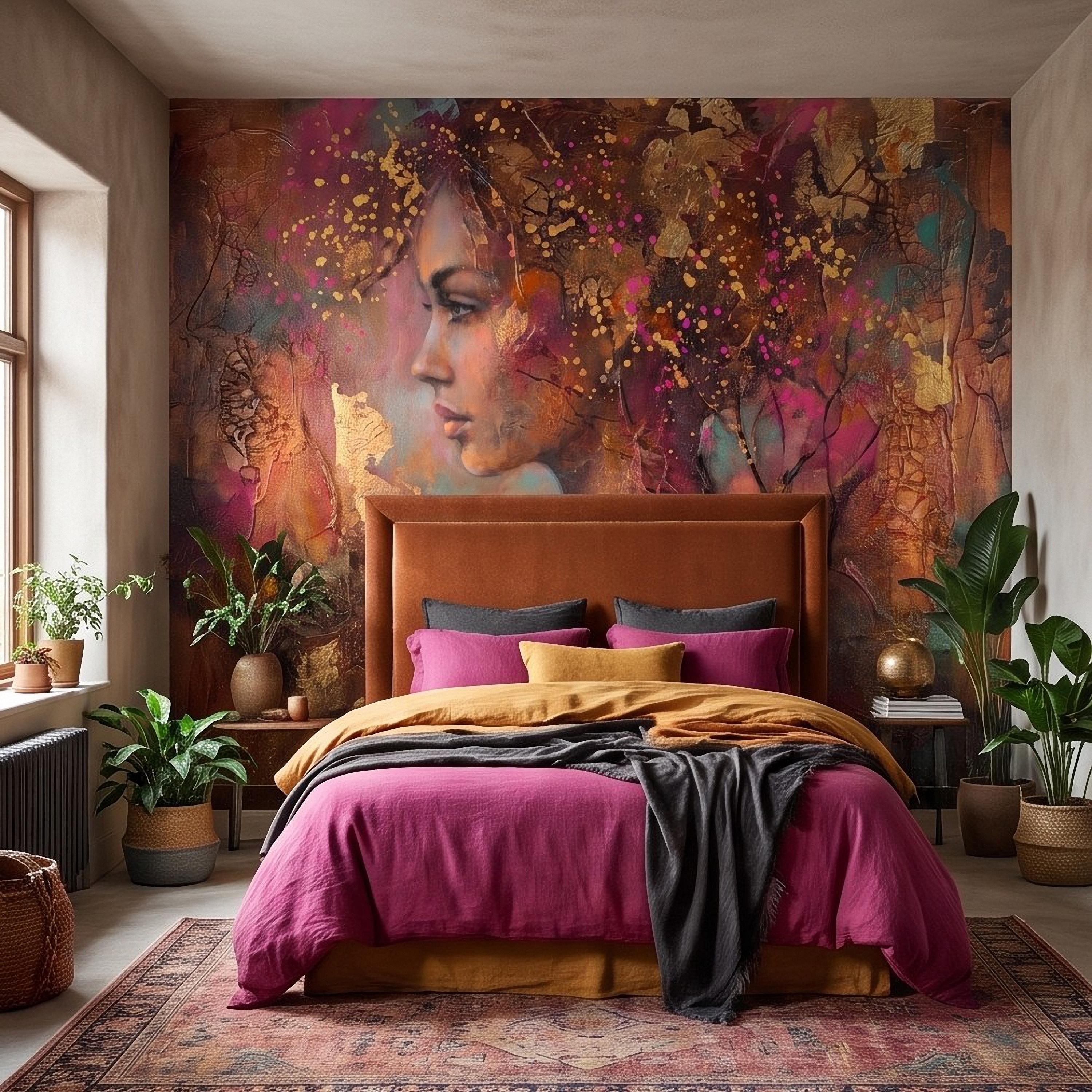 Abstract Female Portrait Peel and Stick Wall Mural, Textured Mixed Media Artwork, Expressive Woman Profile Contemporary Wallpaper