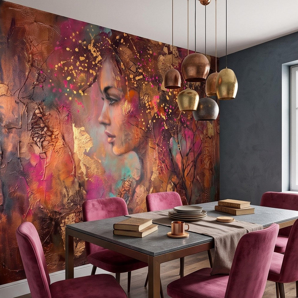 Abstract Female Portrait Peel and Stick Wall Mural, Textured Mixed Media Artwork, Expressive Woman Profile Contemporary Wallpaper