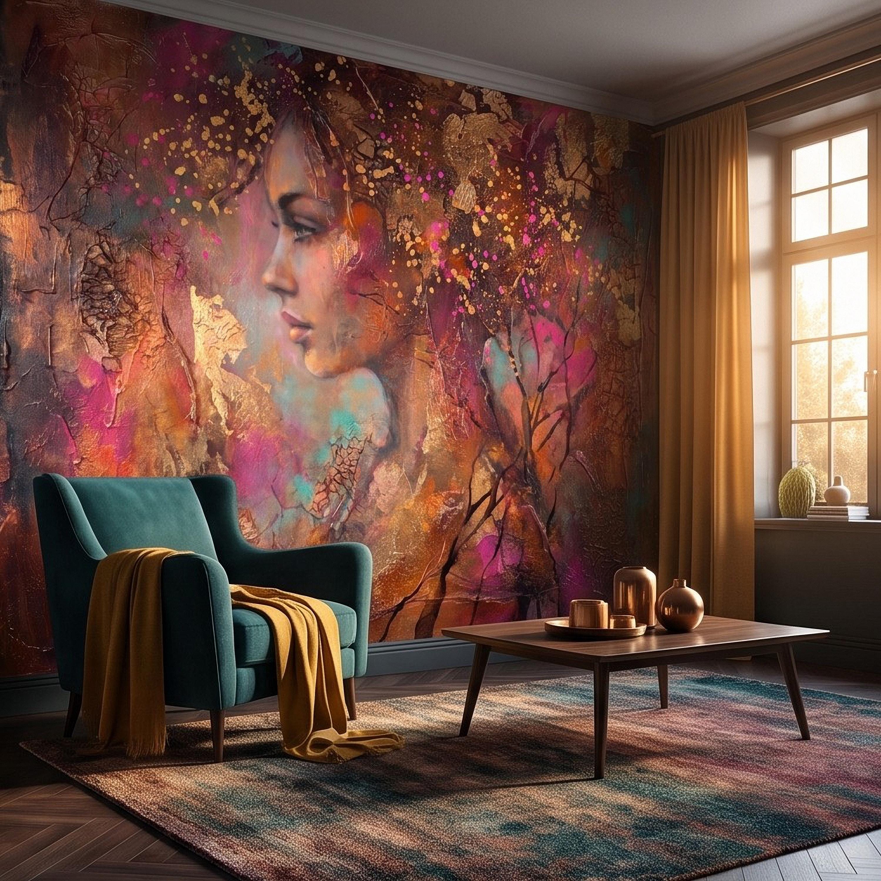 Abstract Female Portrait Peel and Stick Wall Mural, Textured Mixed Media Artwork, Expressive Woman Profile Contemporary Wallpaper