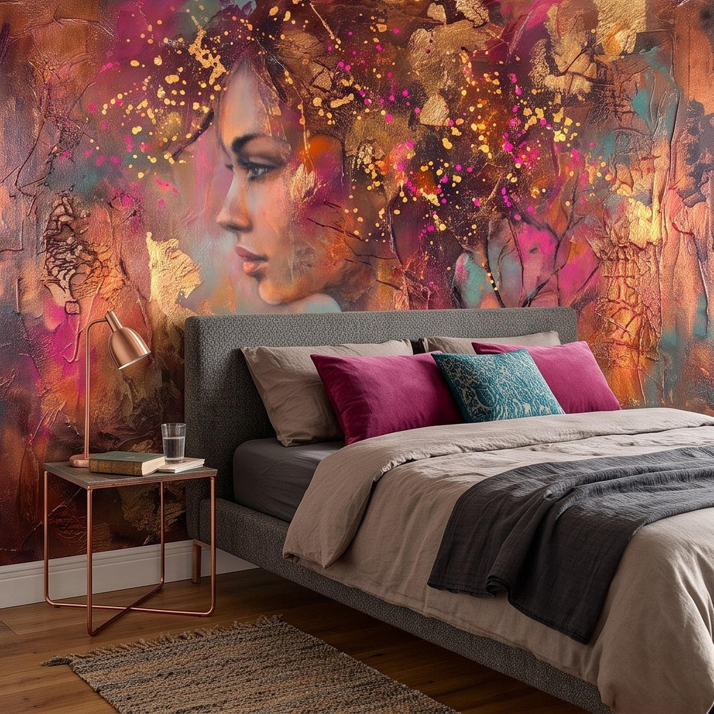 Abstract Female Portrait Peel and Stick Wall Mural, Textured Mixed Media Artwork, Expressive Woman Profile Contemporary Wallpaper