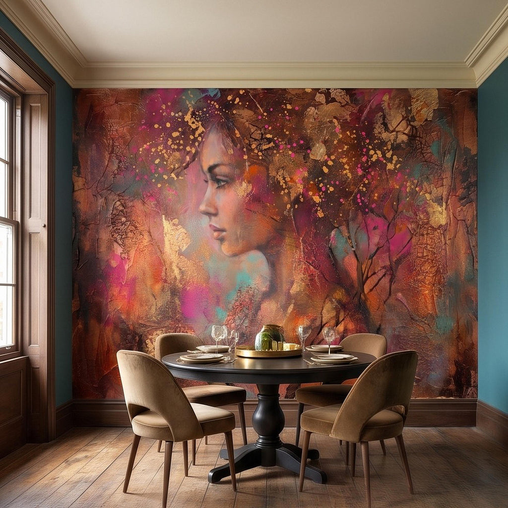 Abstract Female Portrait Peel and Stick Wall Mural, Textured Mixed Media Artwork, Expressive Woman Profile Contemporary Wallpaper