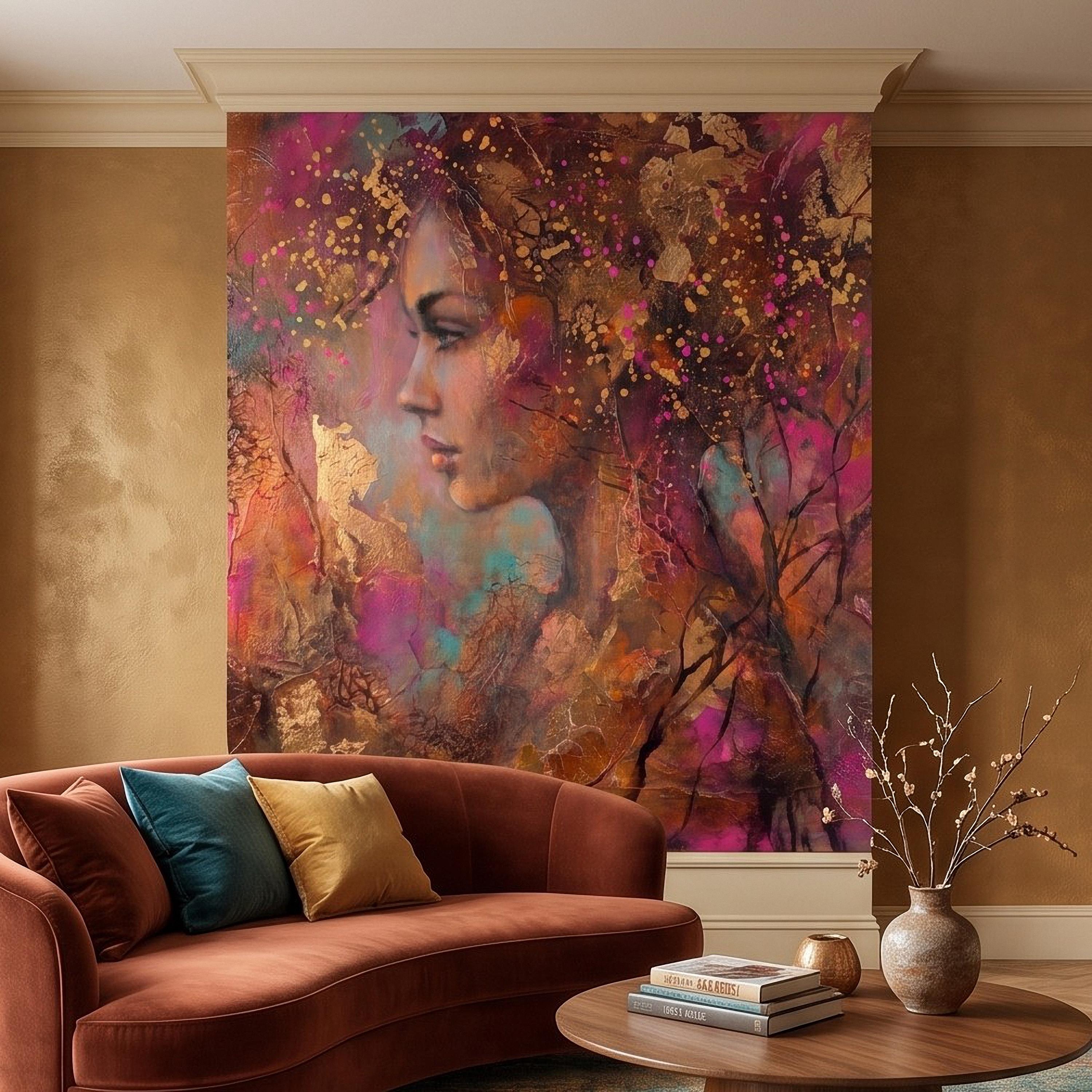 Abstract Female Portrait Peel and Stick Wall Mural, Textured Mixed Media Artwork, Expressive Woman Profile Contemporary Wallpaper