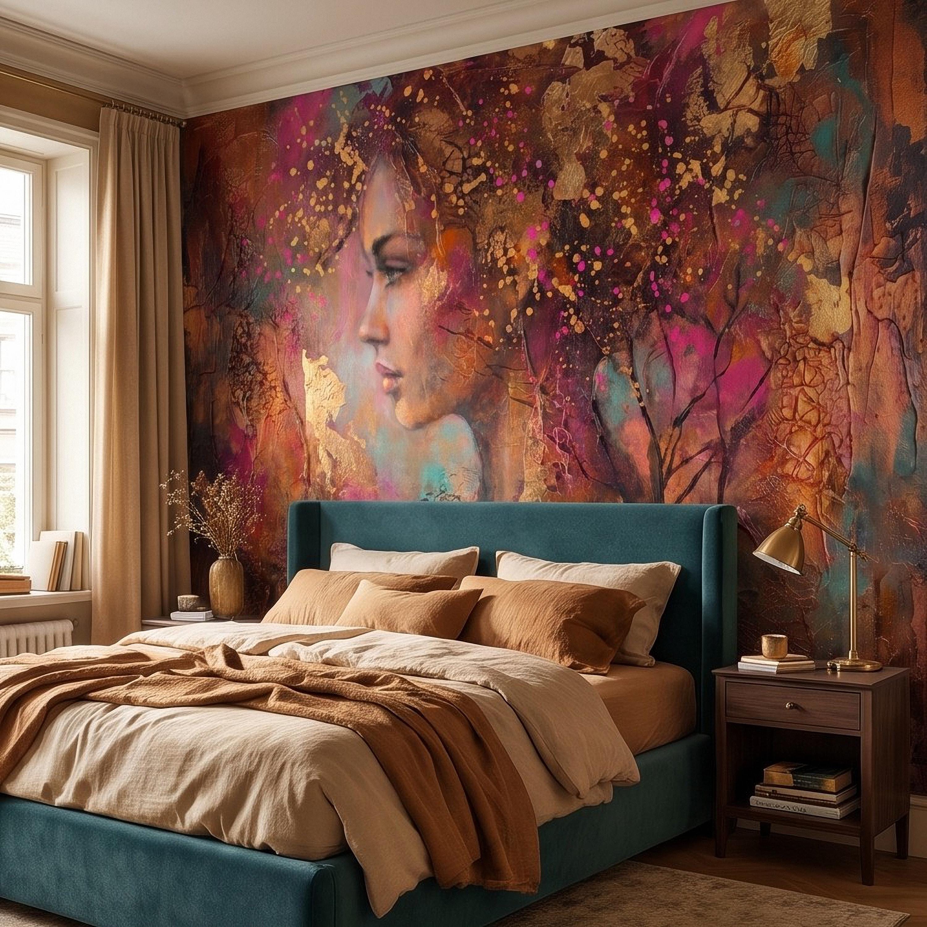 Abstract Female Portrait Peel and Stick Wall Mural, Textured Mixed Media Artwork, Expressive Woman Profile Contemporary Wallpaper