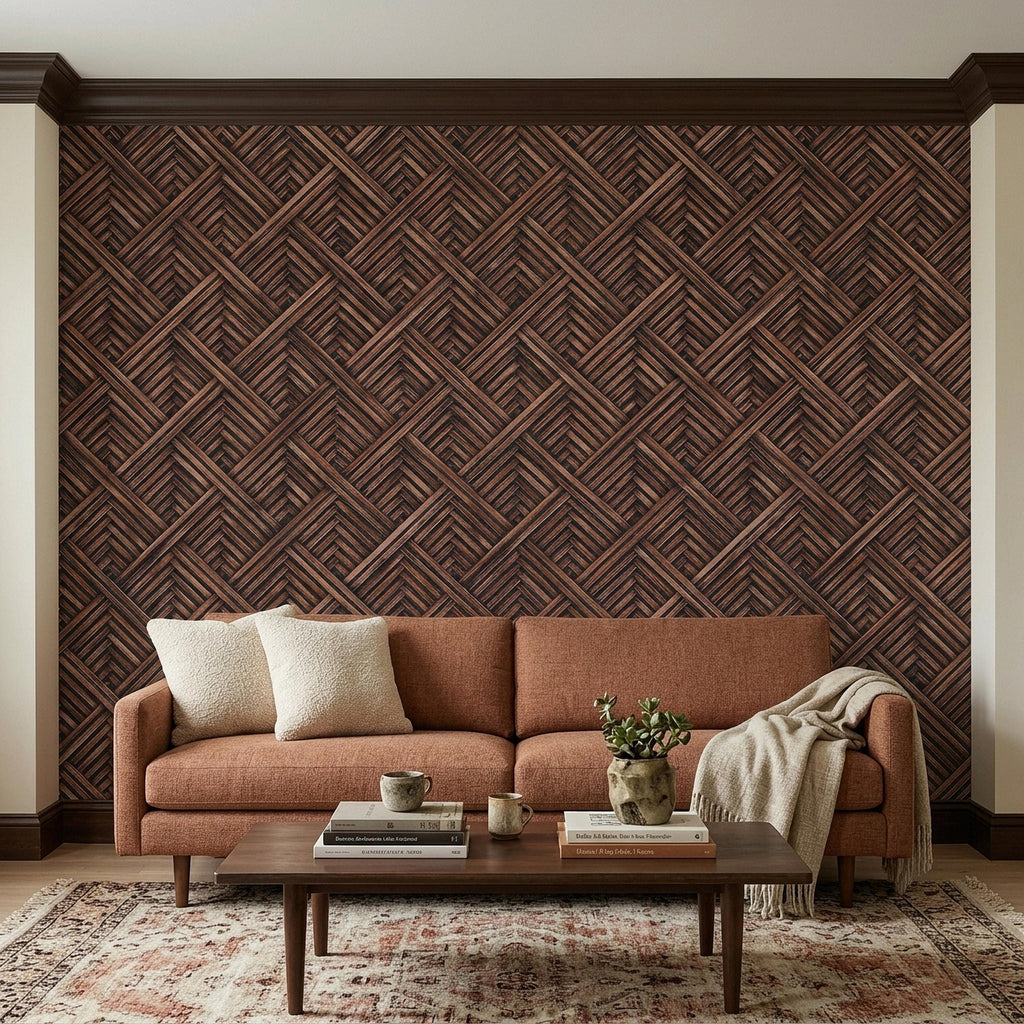 3D Woven Wood Peel and Stick Wall Mural, Architectural Basket Weave Pattern, Geometric Walnut Texture Wallpaper