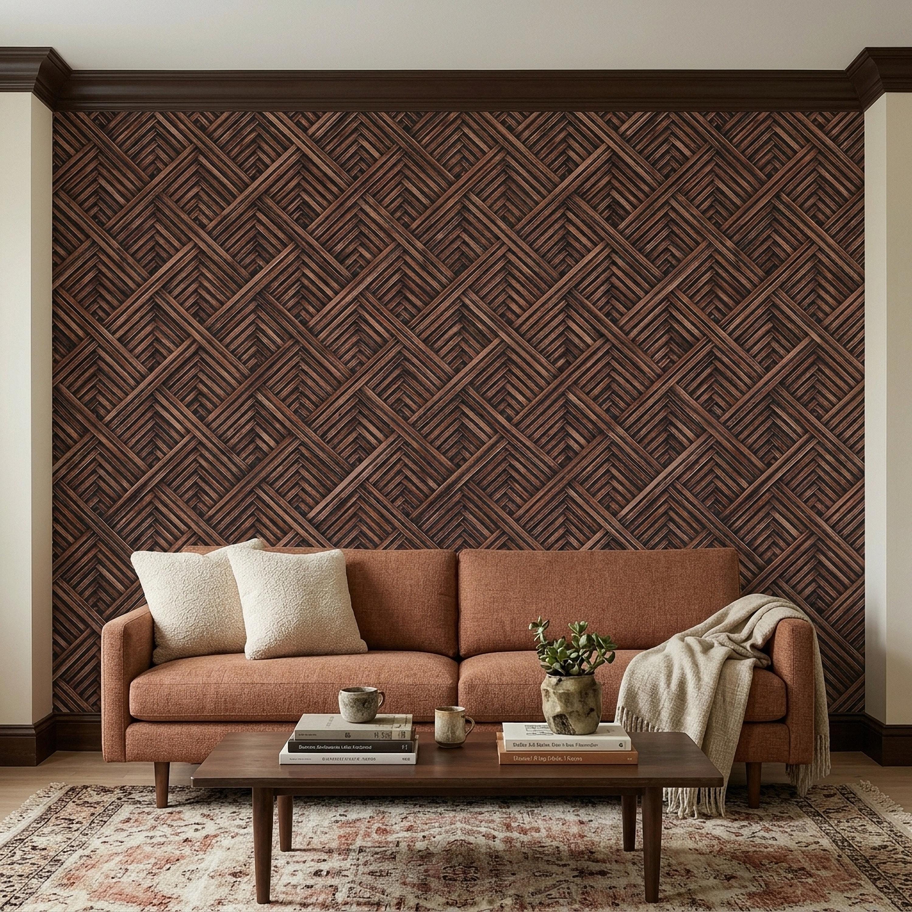 3D Woven Wood Peel and Stick Wall Mural, Architectural Basket Weave Pattern, Geometric Walnut Texture Wallpaper