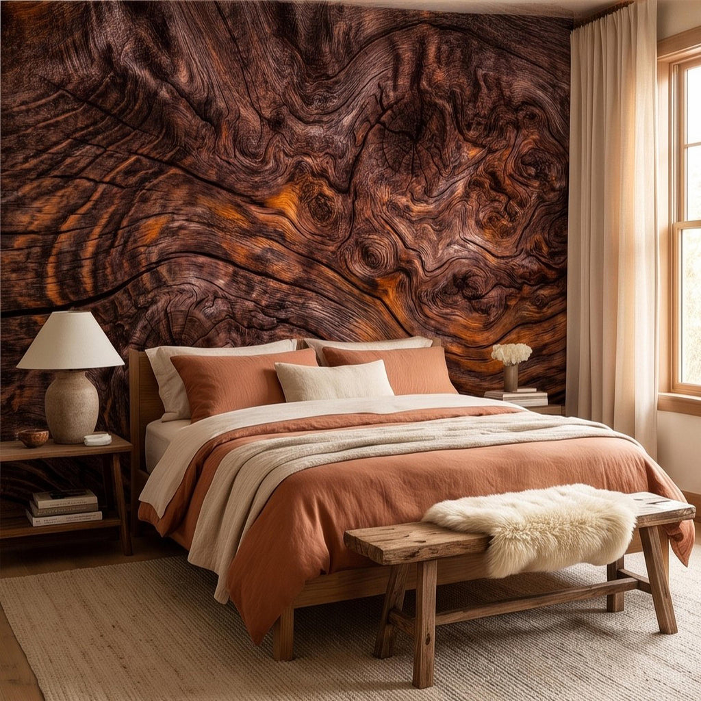Rustic Burl Wood Peel and Stick Wall Mural, Natural Reclaimed Wood Grain Texture Organic Timber Pattern Wallpaper