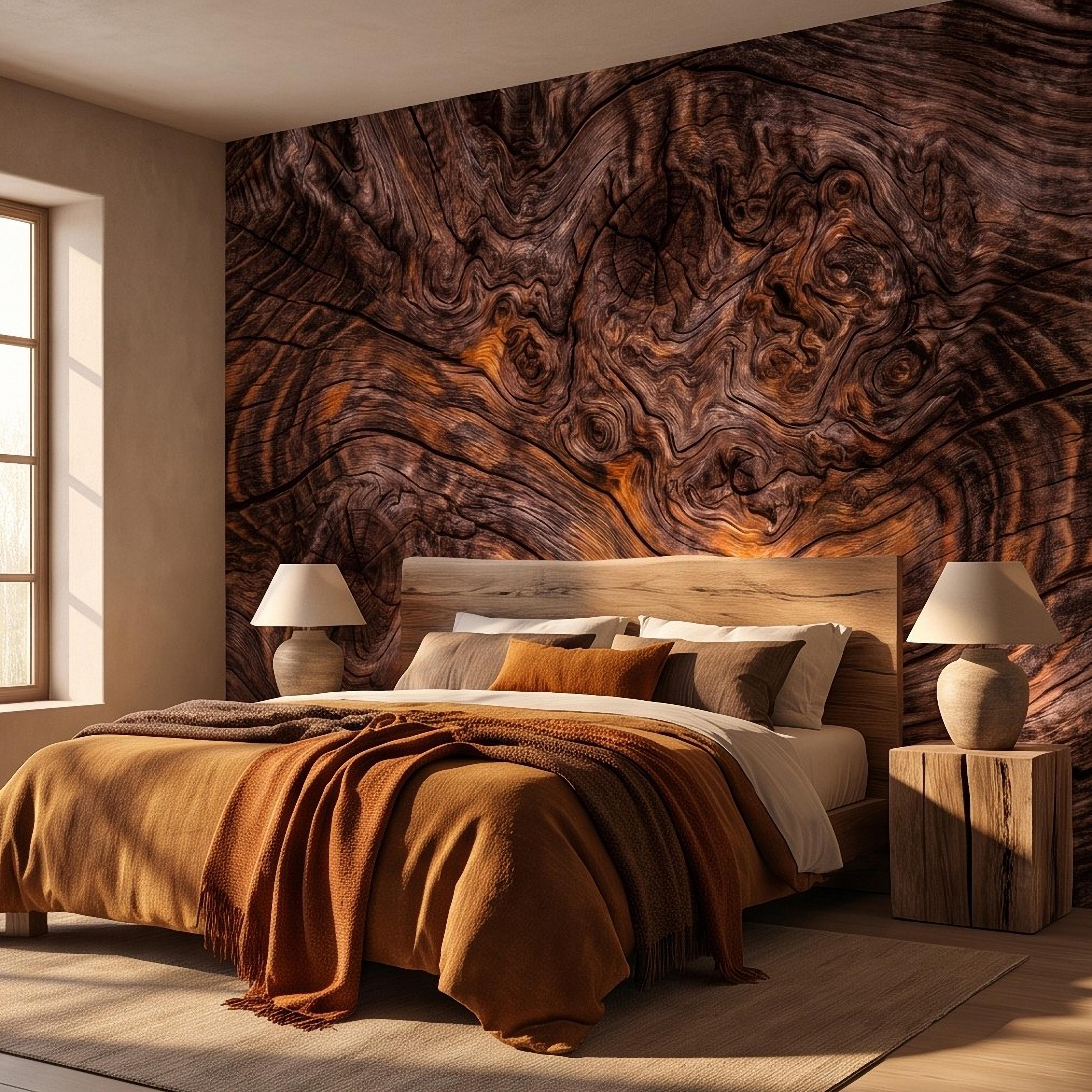 Rustic Burl Wood Peel and Stick Wall Mural, Natural Reclaimed Wood Grain Texture Organic Timber Pattern Wallpaper