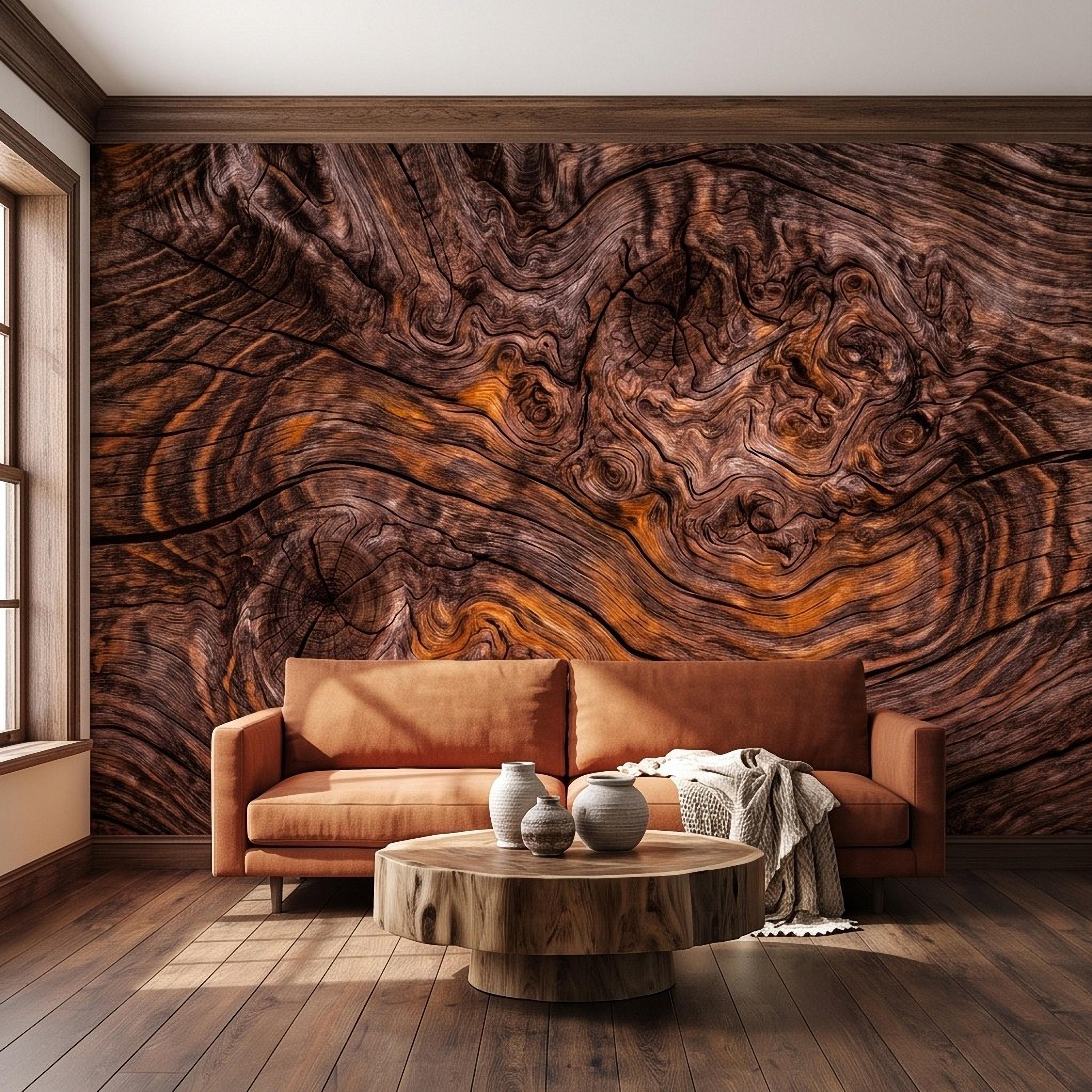 Rustic Burl Wood Peel and Stick Wall Mural, Natural Reclaimed Wood Grain Texture Organic Timber Pattern Wallpaper