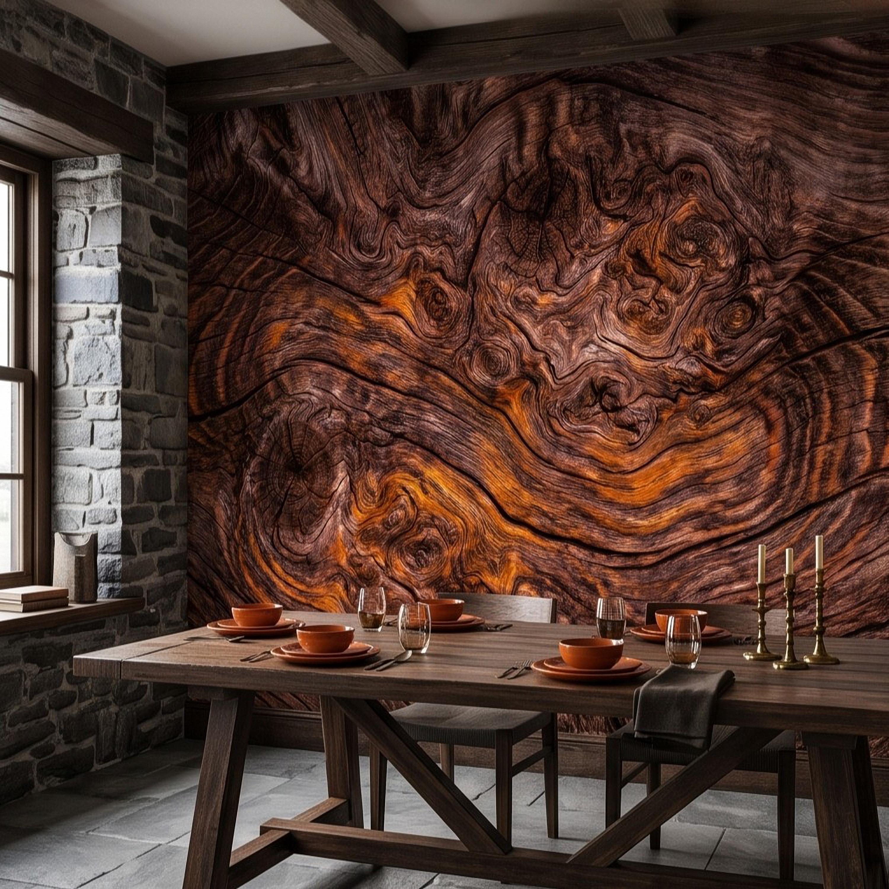 Rustic Burl Wood Peel and Stick Wall Mural, Natural Reclaimed Wood Grain Texture Organic Timber Pattern Wallpaper