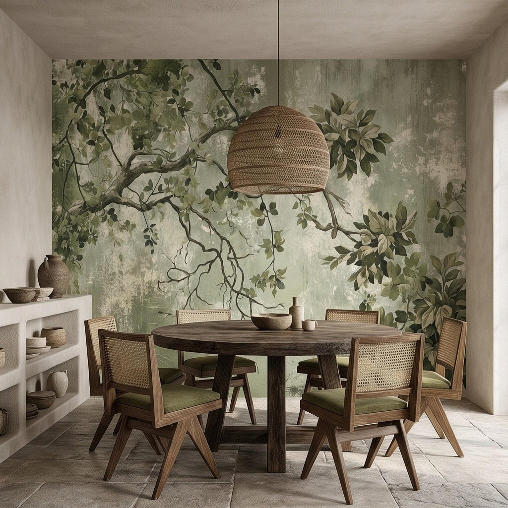 Sage Green Botanical Peel and Stick Wall Mural, Vintage Tree Branches Painterly Foliage Organic Nature Wallpaper