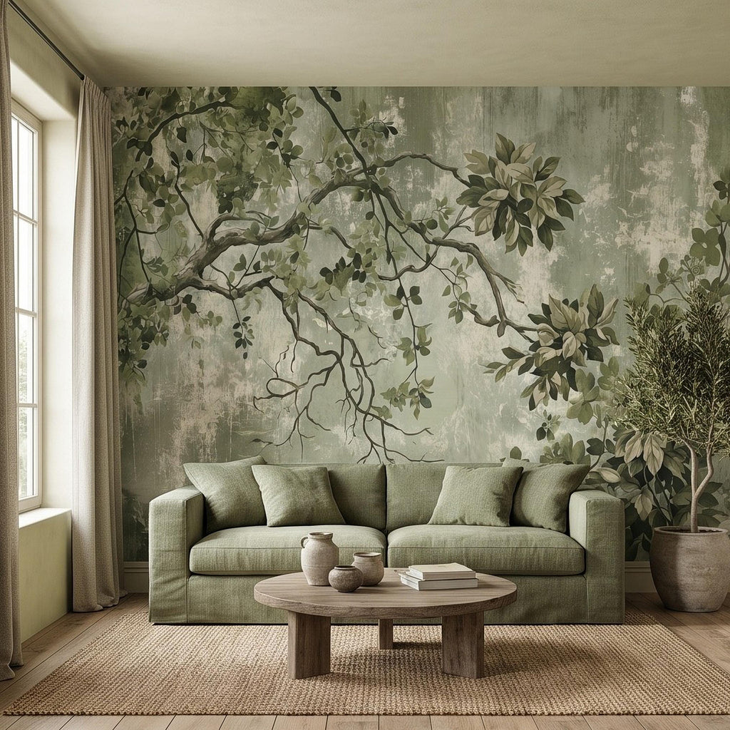 Sage Green Botanical Peel and Stick Wall Mural, Vintage Tree Branches Painterly Foliage Organic Nature Wallpaper