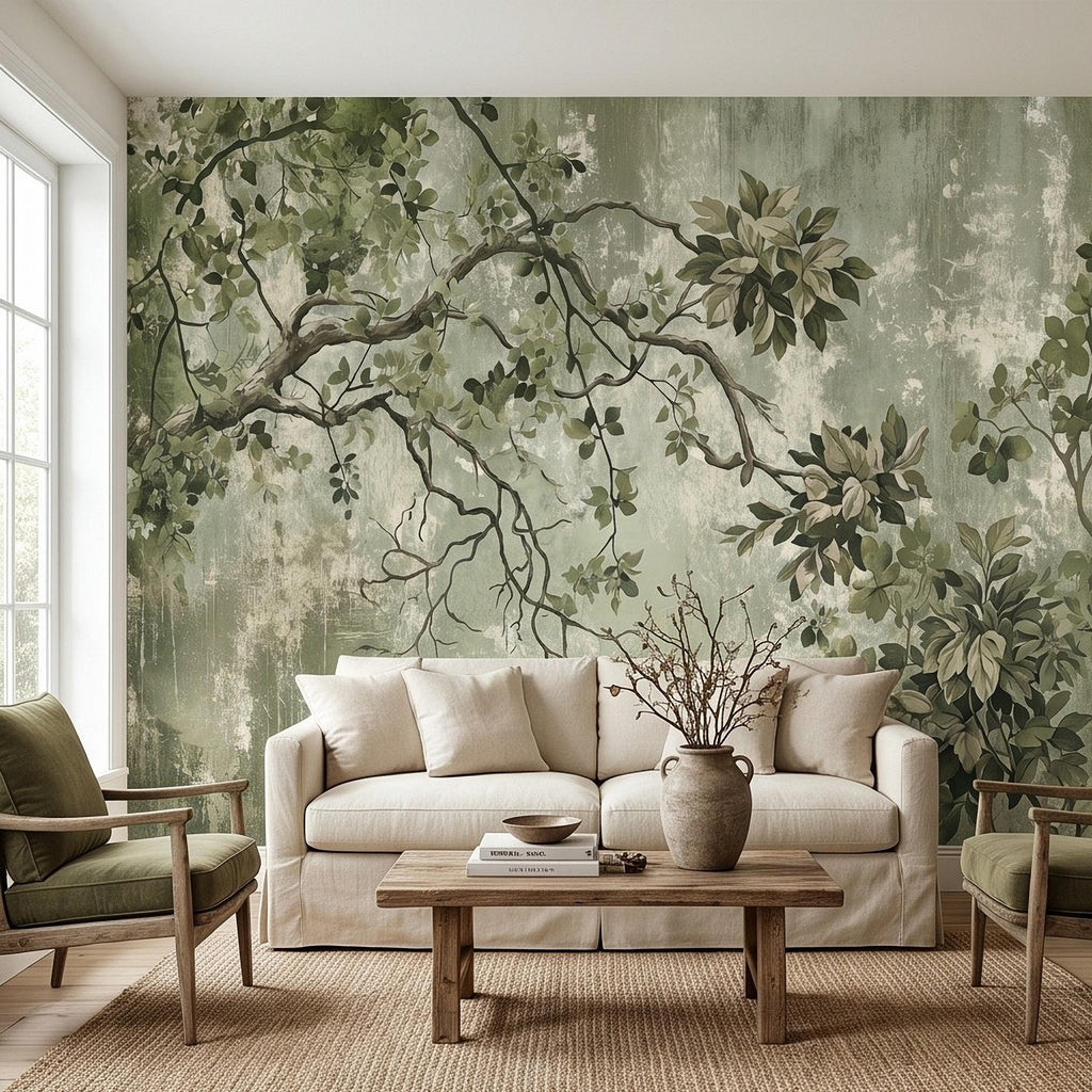 Sage Green Botanical Peel and Stick Wall Mural, Vintage Tree Branches Painterly Foliage Organic Nature Wallpaper