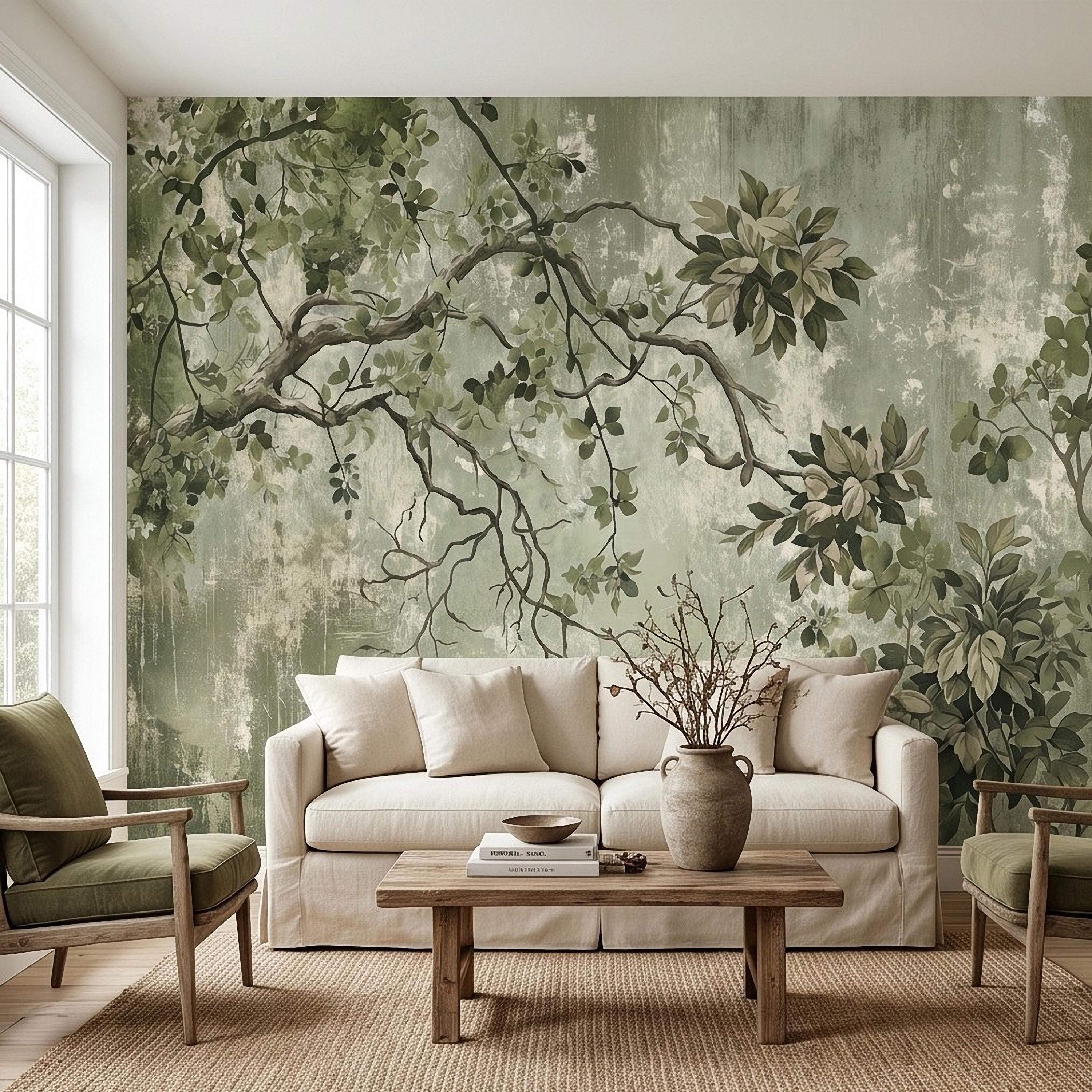 Sage Green Botanical Peel and Stick Wall Mural, Vintage Tree Branches Painterly Foliage Organic Nature Wallpaper