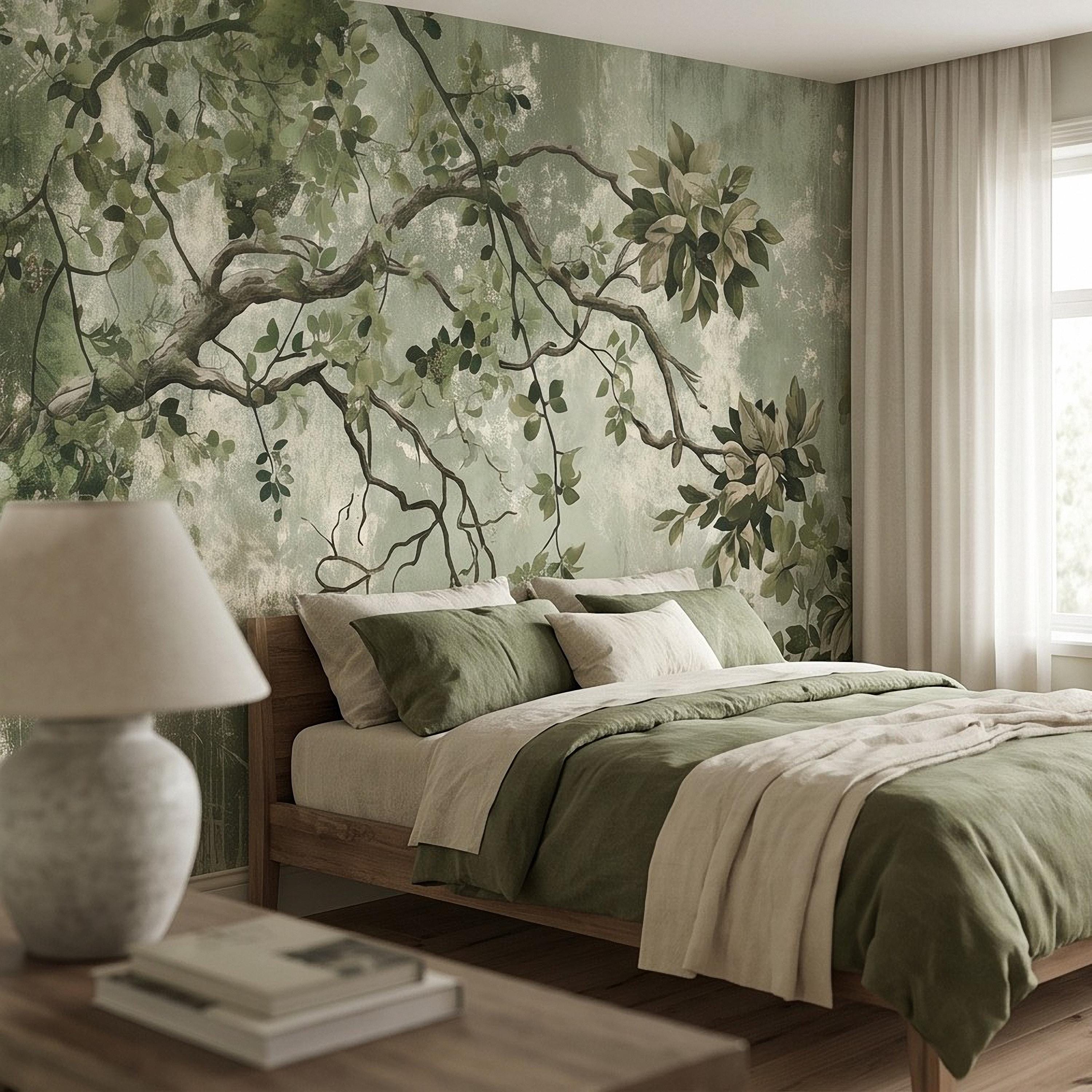 Sage Green Botanical Peel and Stick Wall Mural, Vintage Tree Branches Painterly Foliage Organic Nature Wallpaper
